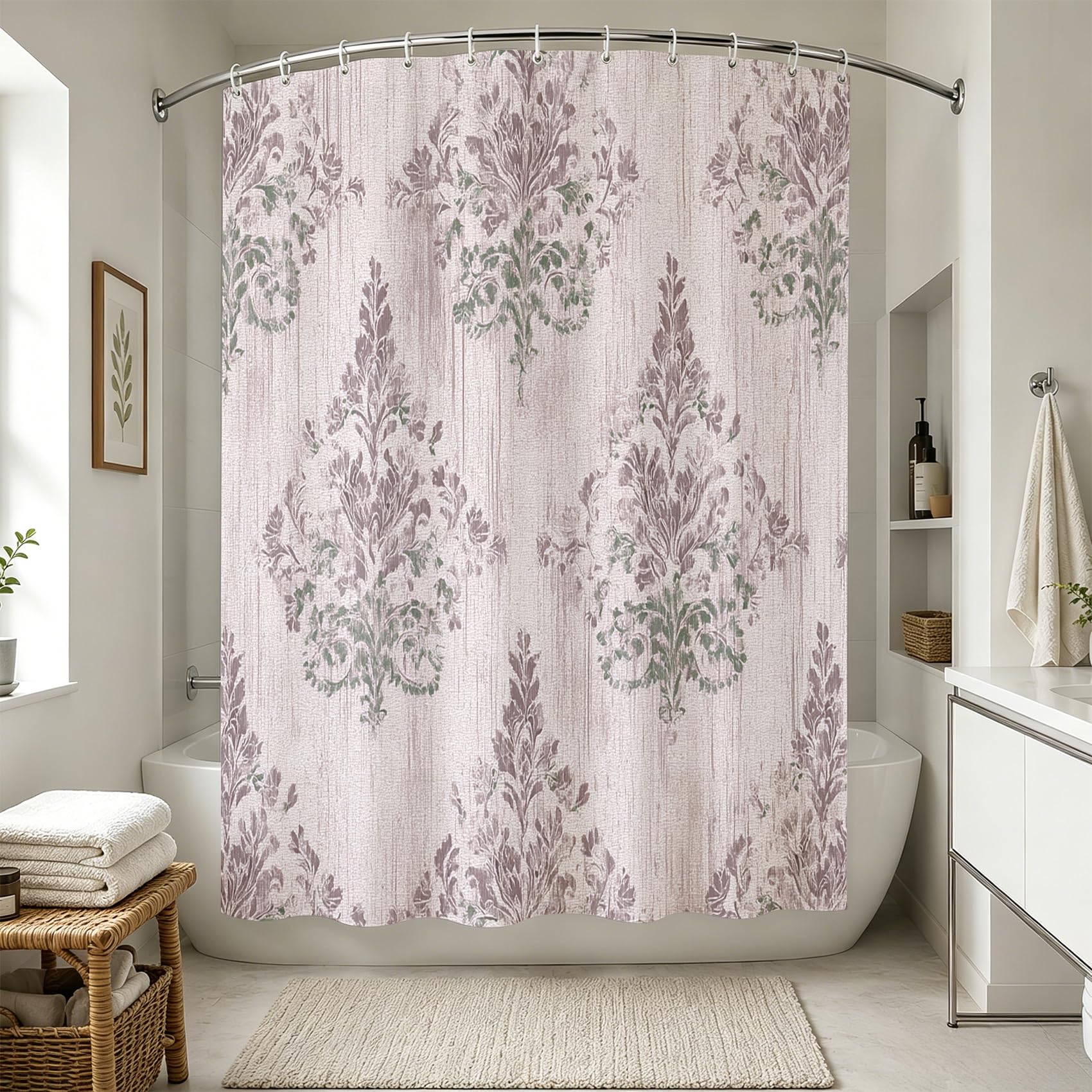 Rideau de Douche Motif Floral Damassé Lavande, Rideau de Baignoire Style Champêtre Français, Tissu Polyester Hydrofuge Lavable Décoration de Salle de Bain avec Crochets, Shower Curtain 200 x 240 cm