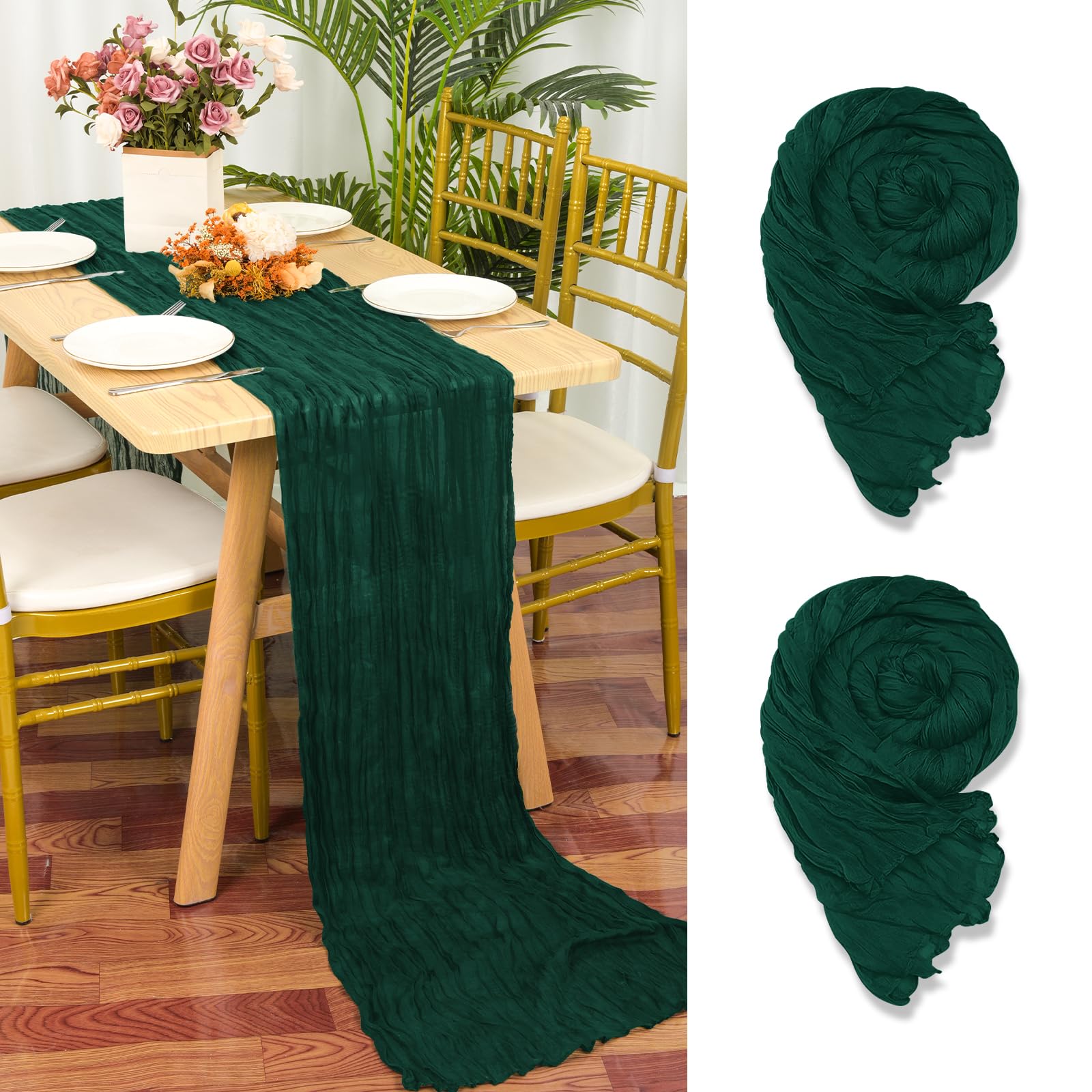 YMHPRIDE 2 Packs Cheesecloth Table Runner Dark Green, 55x300cm Emerald Green Rustic Gauze Fabric Boho Table Runner, Cheesecloth Wedding Table Decor for Wedding Party Bridal Shower Table Decorations