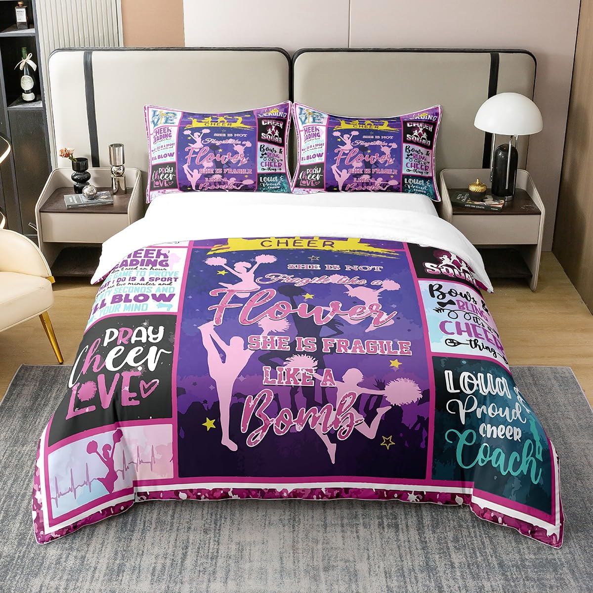Housse de couette 135x200 pom-pom girl avec sa taie d'oreiller pour lit une place fille