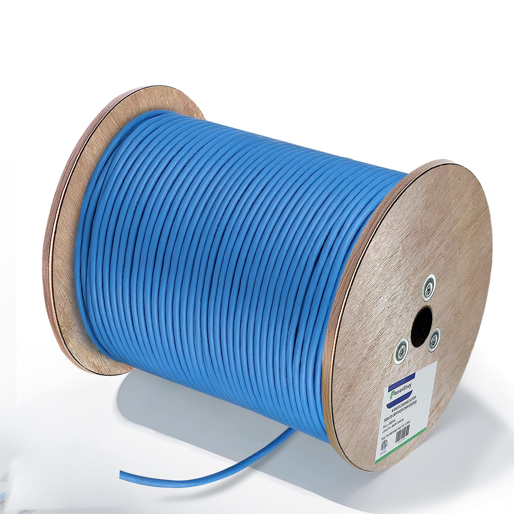 PowerEnvy Cat6a UTP Ethernet Cable - 600Mhz, 10Gbps Max, 1000Ft, 23 AWG Solid Bare Copper, PoE++, 4 Twisted Pair Solid Bare Copper, CMR Rated Cable -