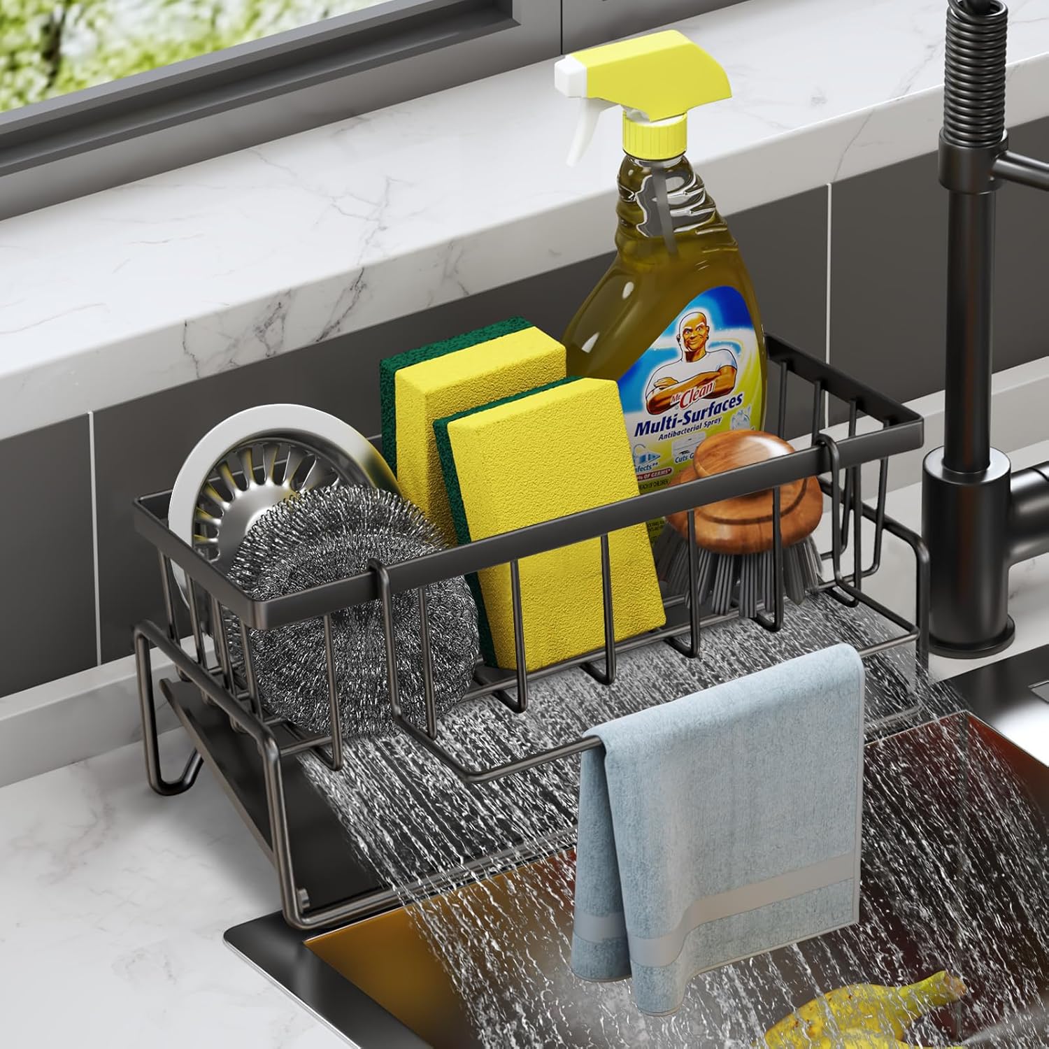 Kitchen Sink Caddy Sponge Holder for Kitchen Soap Dish Holder for Countertop with Dishcloth Hanger Drying Rack Rustproof