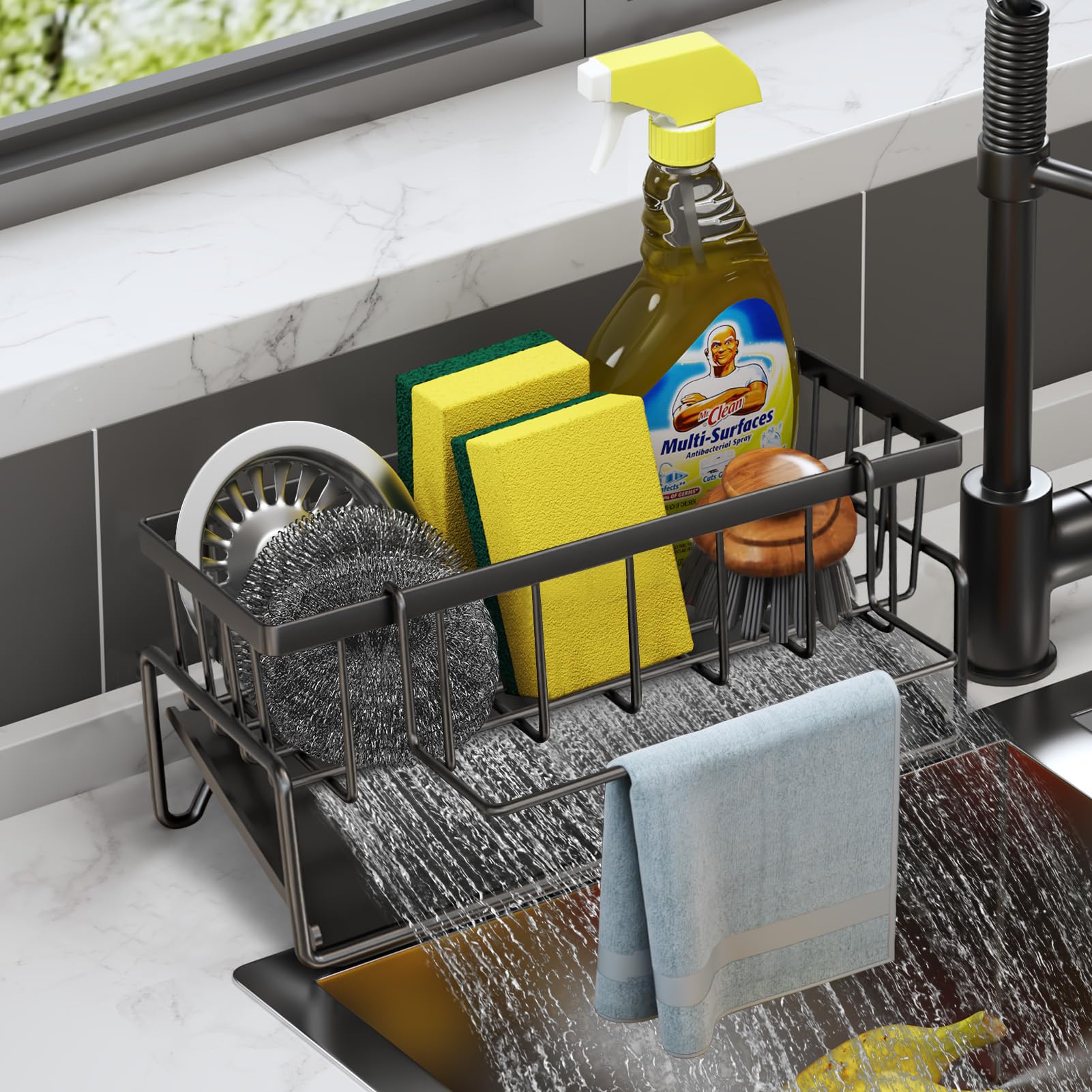 Kitchen Sink Caddy Sponge Holder for Kitchen Soap Dish Holder for Countertop with Dishcloth Hanger Drying Rack Rustproof