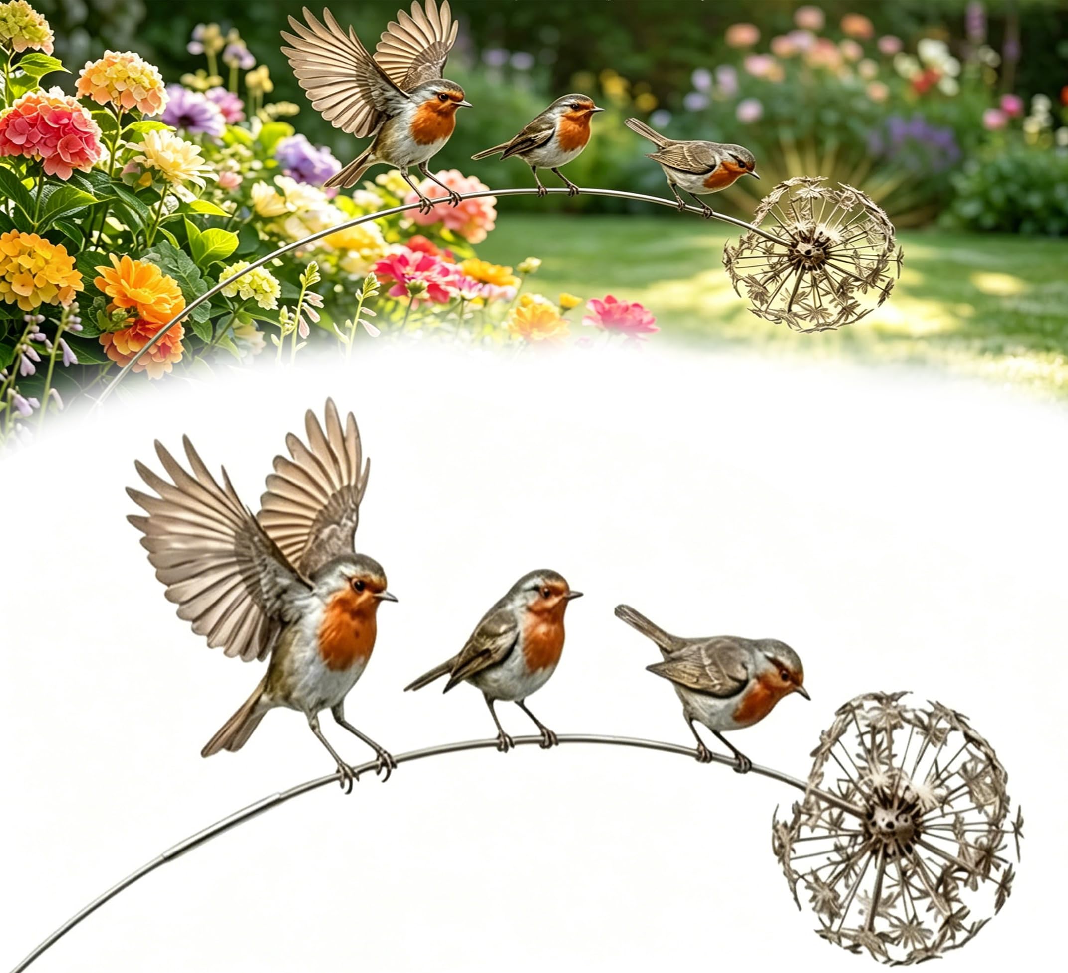 Siebkorb Robin Garden Stake Ornaments, Metal Robin Garden Stake Bird Yard Art Outdoor Decorations With Dandelion Accent,3 Robin Birds And Dandelion Design For Lawn Patio Flower Bed Walkway(A 1PCS) — image 1