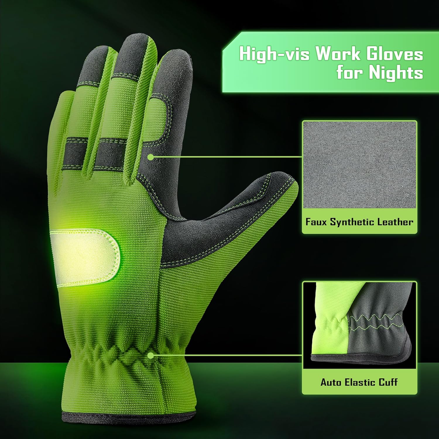 COOLJOB 2 Pairs Hi-vis Reflective Safety Work Garden Gloves for Men Women, Faux Leather Utility Mechanic Gloves with Grip - Image 2