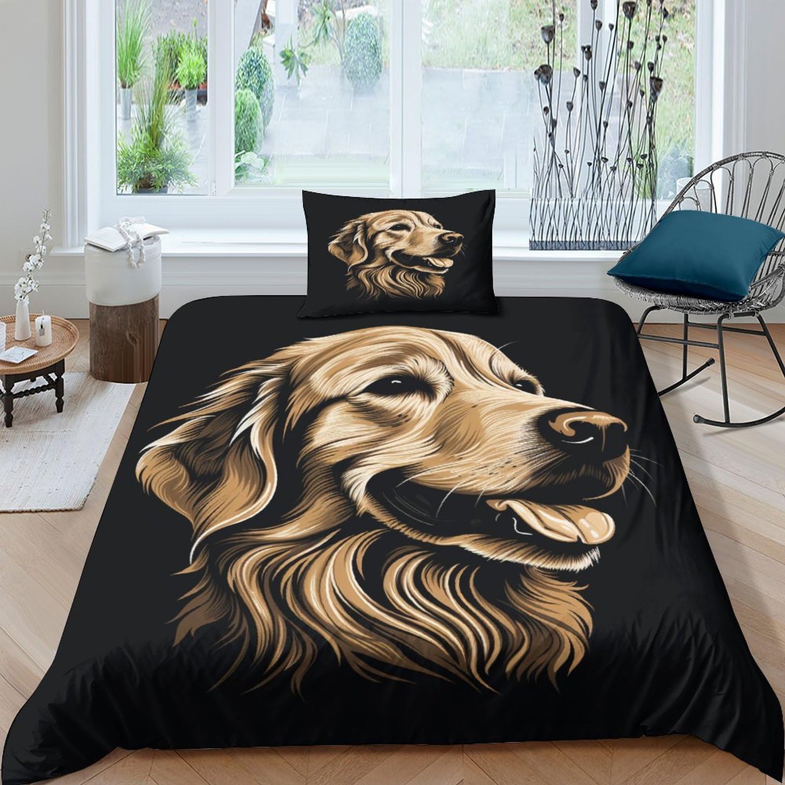 Parure de lit Golden Retriever 3D en microfibre avec housse de couette 135x200cm et taie d'oreiller