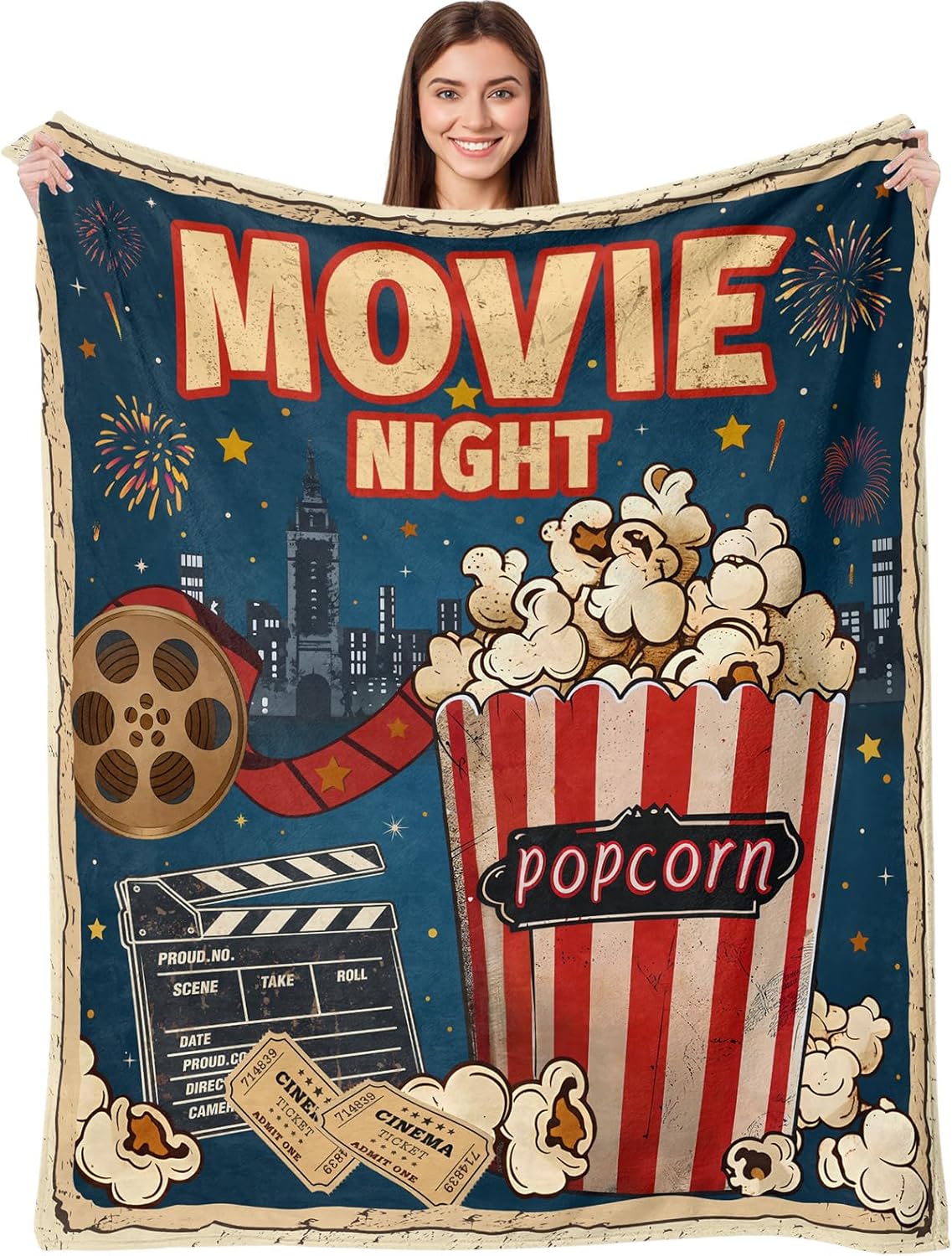 Movie Night Gifts Throw Blanket, Soft Cozy and Warm Couch Blankets for Home Film Cinema Theater Popcorn Decor, Vintage Poster Theme Gift for Adult Women Men Movie Lover. Blue 50×60 inches