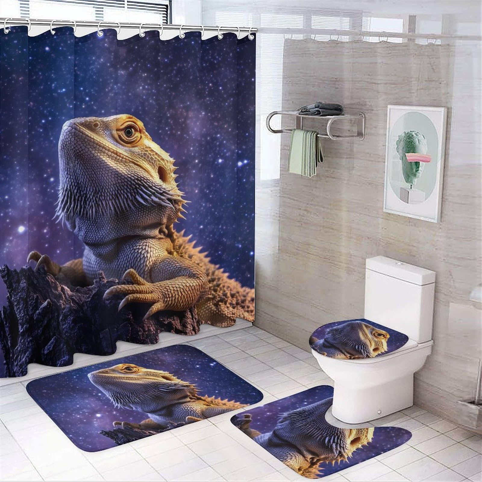 CGSBNGHA Bearded Dragon Shower Curtain Set 4 Piece Bathroom Sets with Rugs Toilet Lid Cover And U-Shaped Floor Mat