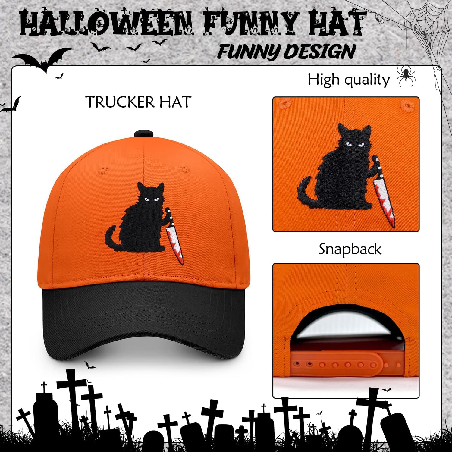 Halloween Spooky Embroidered Hat - Black Cat Knife Grinning Pumpkin & Ghost Designs for Festive Trick-or-Treating & Parties - Image 4