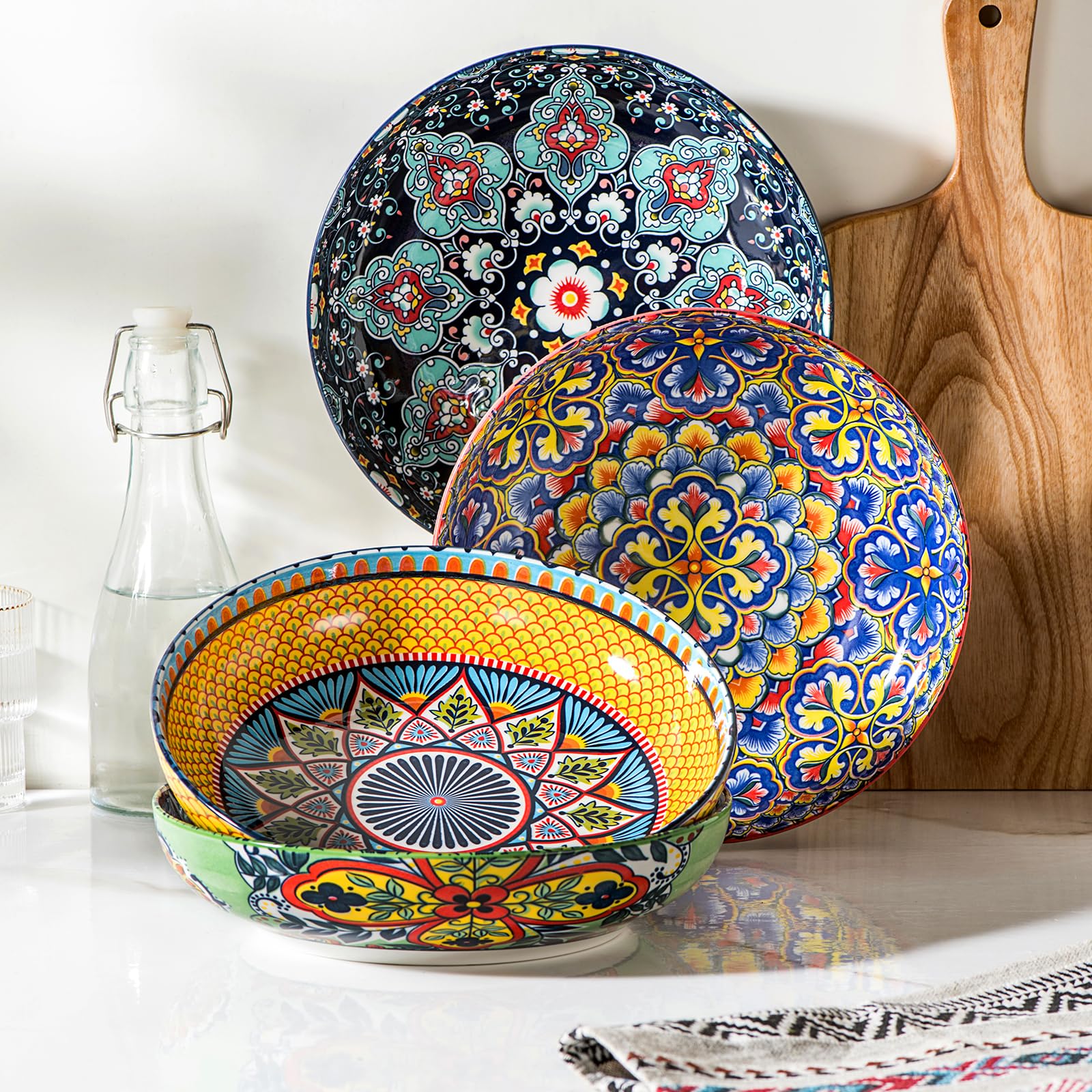 HENXFEN LEAD Saladiers 1330 ml, assiettes creuses, assiettes à pâtes, lot de 4 en porcelaine, grands plats de service colorés pour pâtes, nouilles, salade, soupe, style bohème