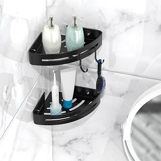Sandture Strong Adhesive Corner Shower Caddy Shelves, No Drilling, Wall Mounted Corner Shower Shelf, The Perfect Bathroom Accessory & Organiser, 2 Pack, Black, Tidy Shower Storage & Soap Holder