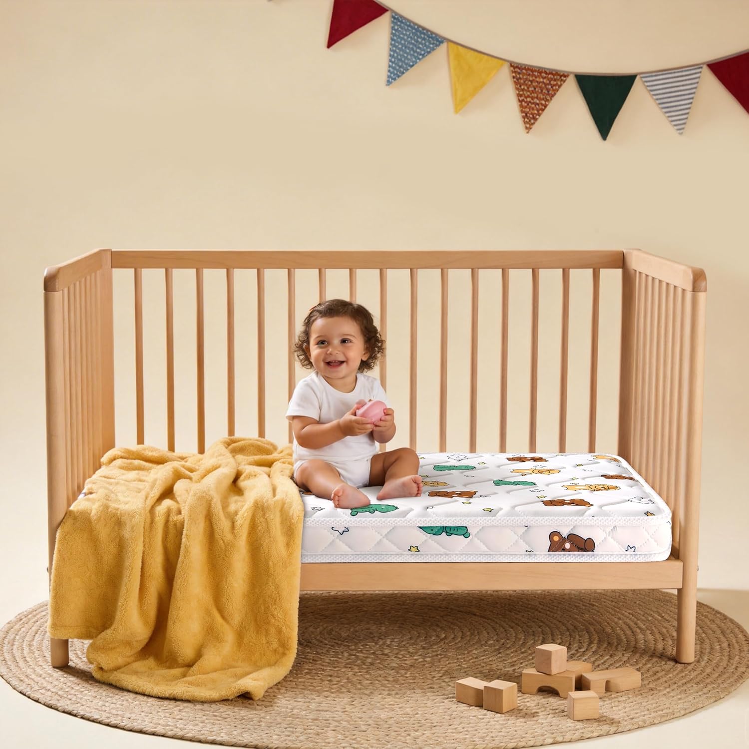 Mini Crib Mattress 38" x 24" x 4"- Firm Support and Comfort Premium Foam,Noiseless and Odorless,Hypoallergenic Mini Crib Mattress,Fits Mini and Portable Cribs,Dual Sided with Soft Breathable Fabric Bear Pattern 38x24x4