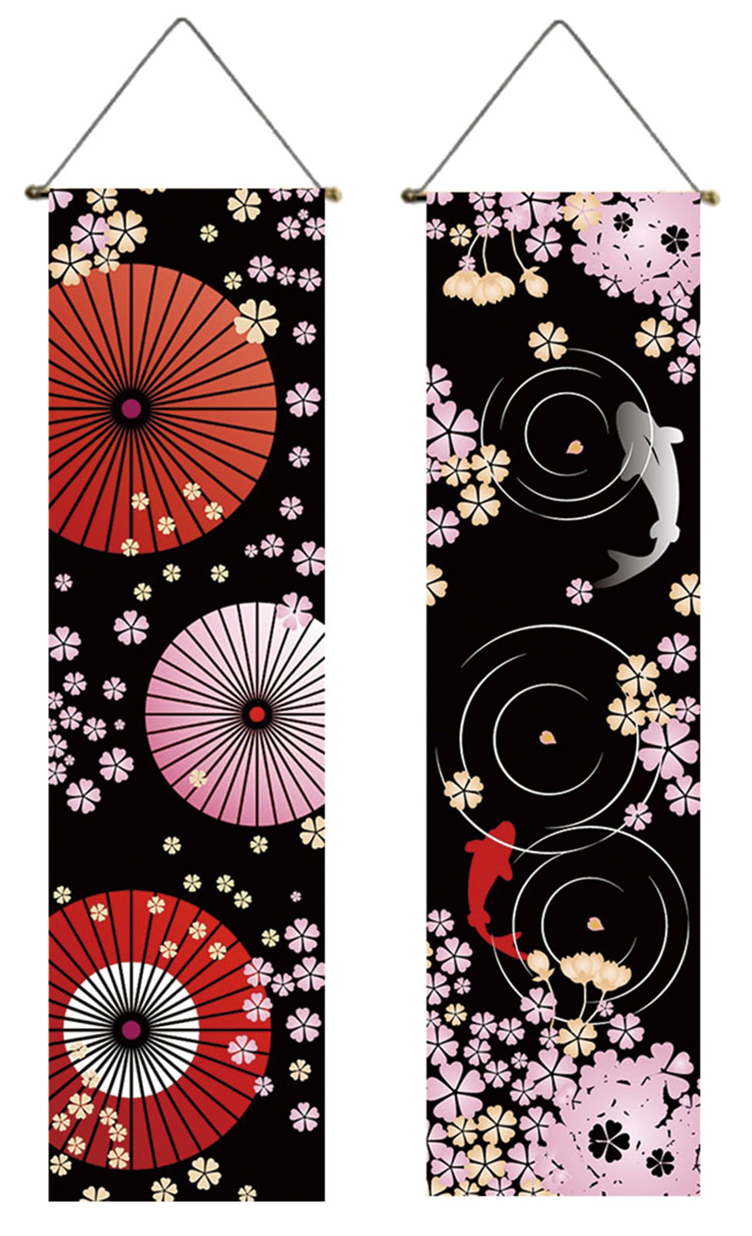 Japanese Cherry Blossom Koi Tapestry Set of 2 Scroll Wall Hanging 43x12in