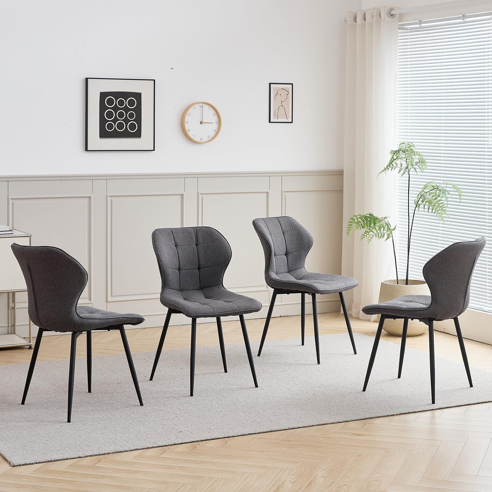 GrandCA HOME Juego de Mesa y Sillas de Comedor, 4 Sillas de Lino Color Gris Oscuro y una Mesa de Comedor Redonda Moderna de 100 cm, Ideal para Cocina, Salón y Cafetería (Diseño de Mármol Blanco 1)