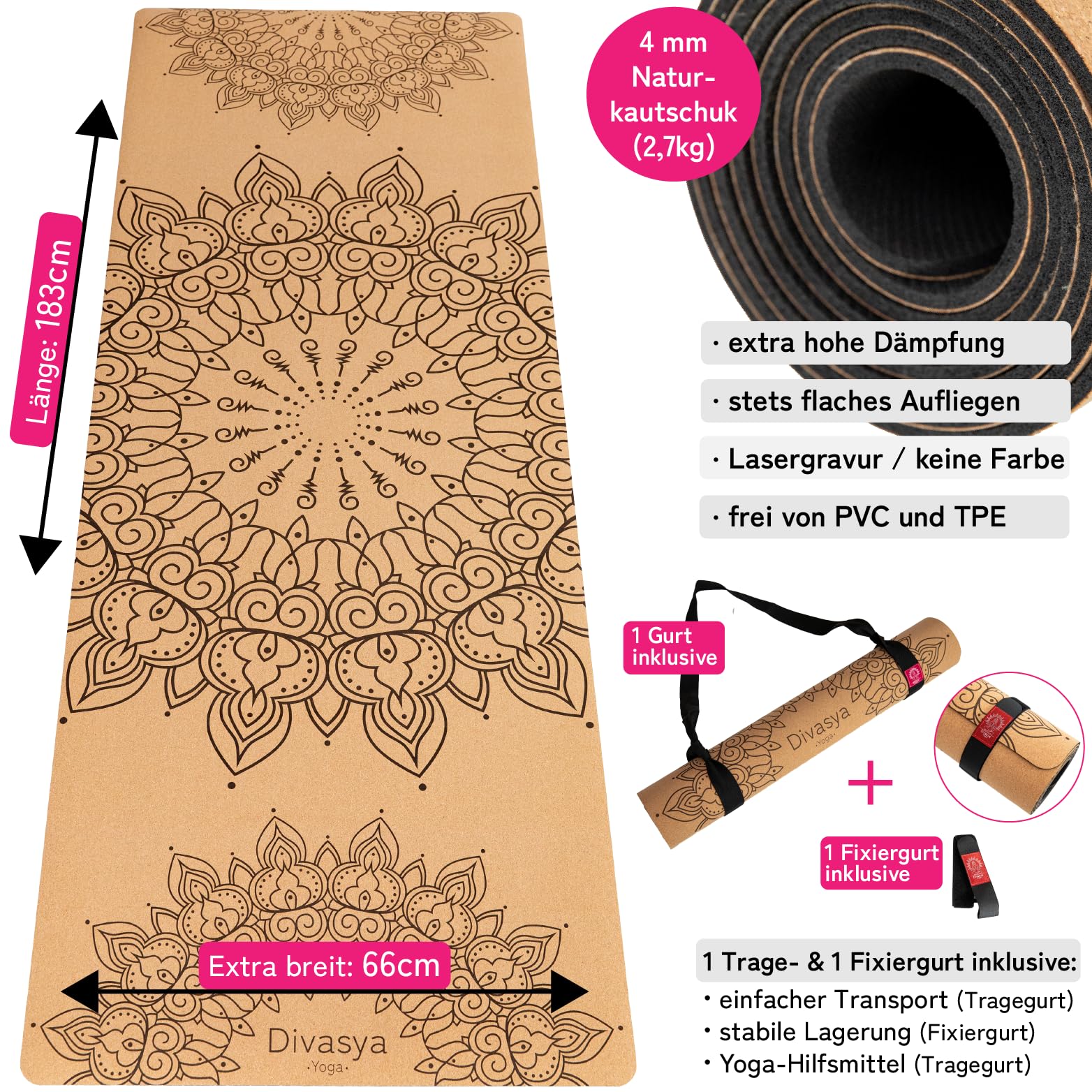 Premium Yogamatte Kork | Naturkautschuk & Kork | inkl. Tragegurt | Yoga Matte Kork: natürlich rutschfest | robust & langlebig | 183 x 66 x 0,4cm | inkl. Tragegurt | Yoga Matte rutschfest