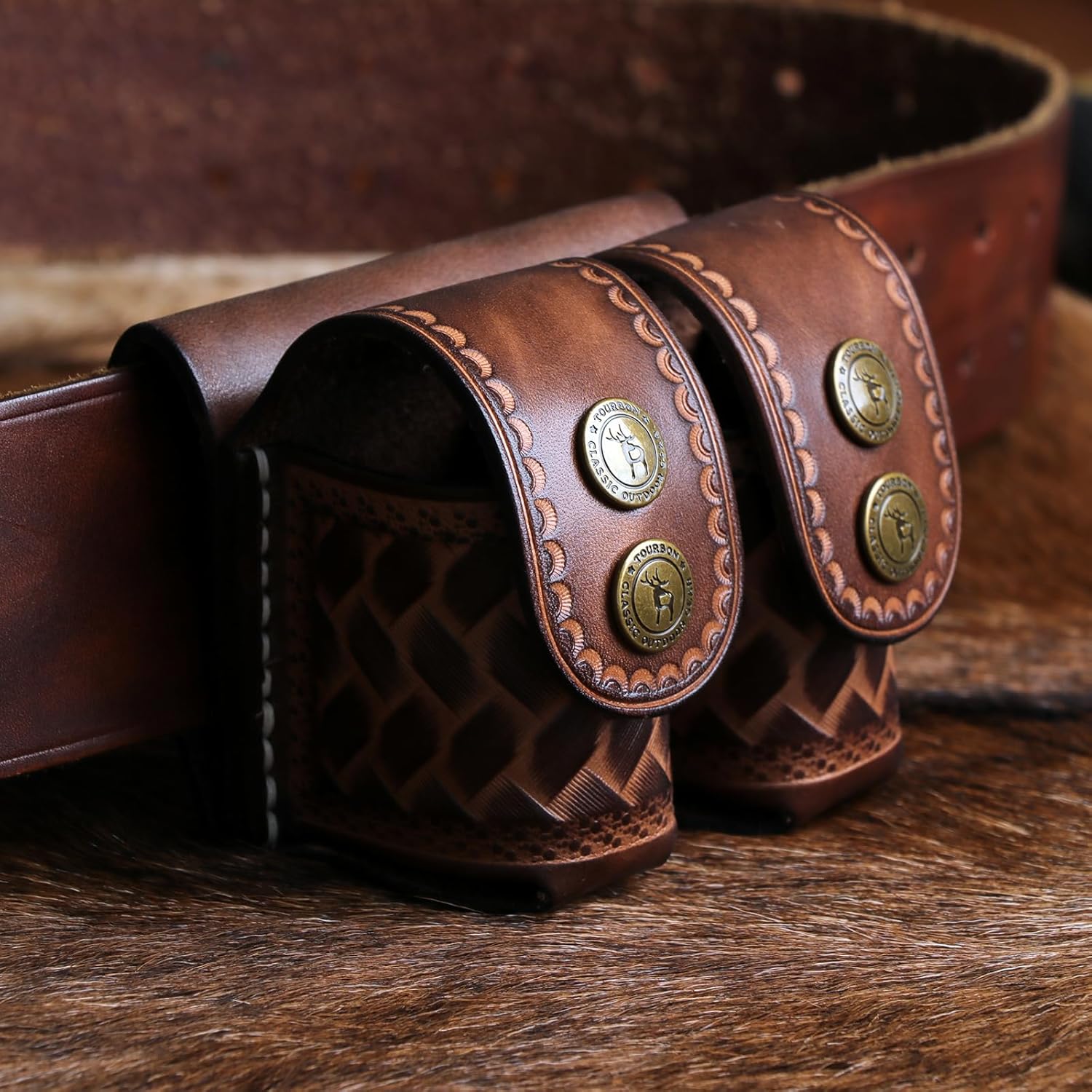 TOURBON Leather Double Speedloader Pouch Belt Carrier Speedloader Holder Case for .38 .357 .44 .45