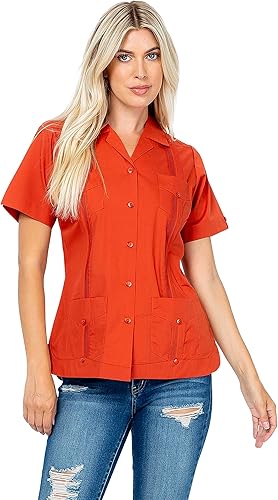 Miniatura 9 de Women's Traditional Guayabera Shirt Cotton Blend 4 Pocket Design Short Sleeve