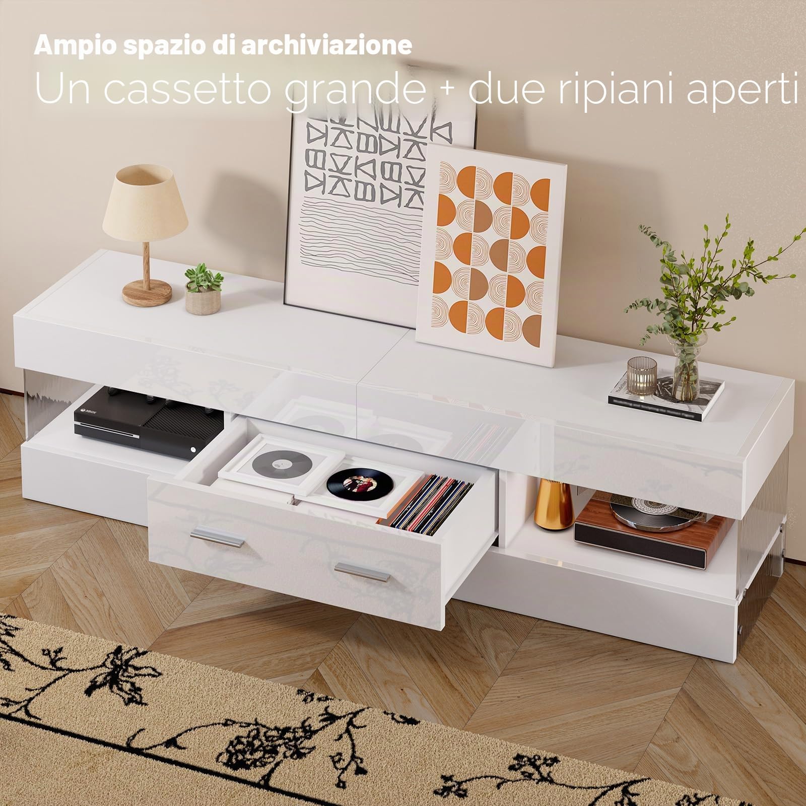 Bestier Mobile TV per TV da 65 pollici,moderno mobile TV laccato lucido,centro di intrattenimento a LED con ampio cassetto,consolle TV per soggiorno e camera da letto(bianco)