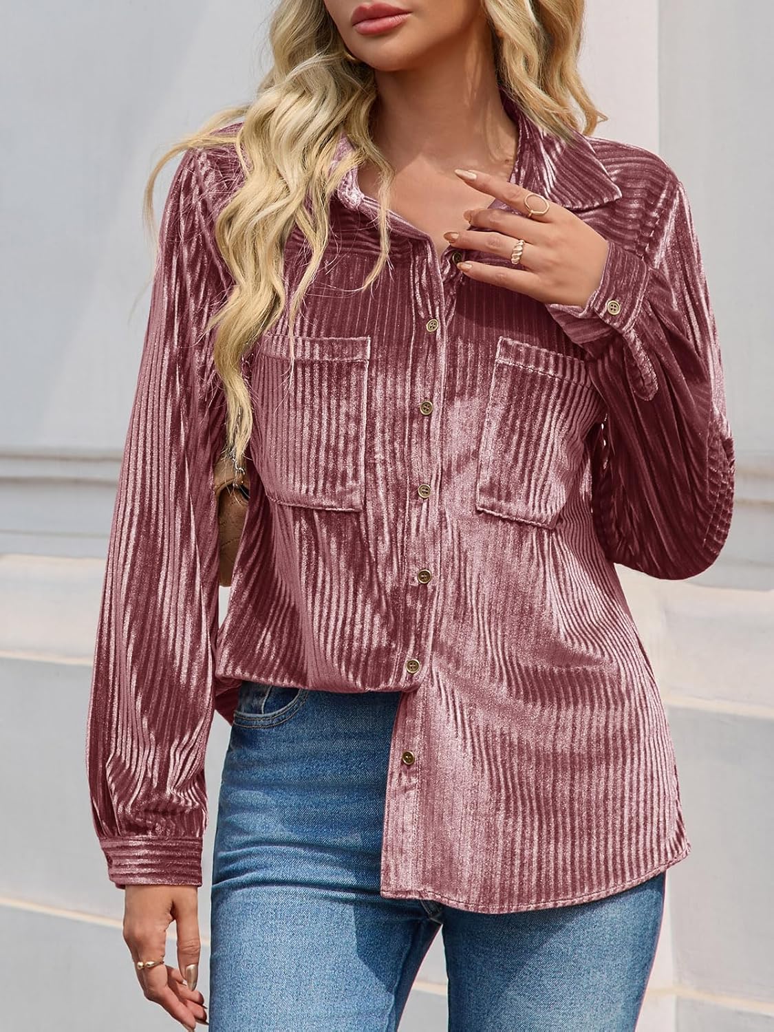 Cicy Bell Womens Velvet Button Down Shirt Casual Long Sleeve V Neck Collared Tops Fall Shacket Jacket with Pockets - Image 3