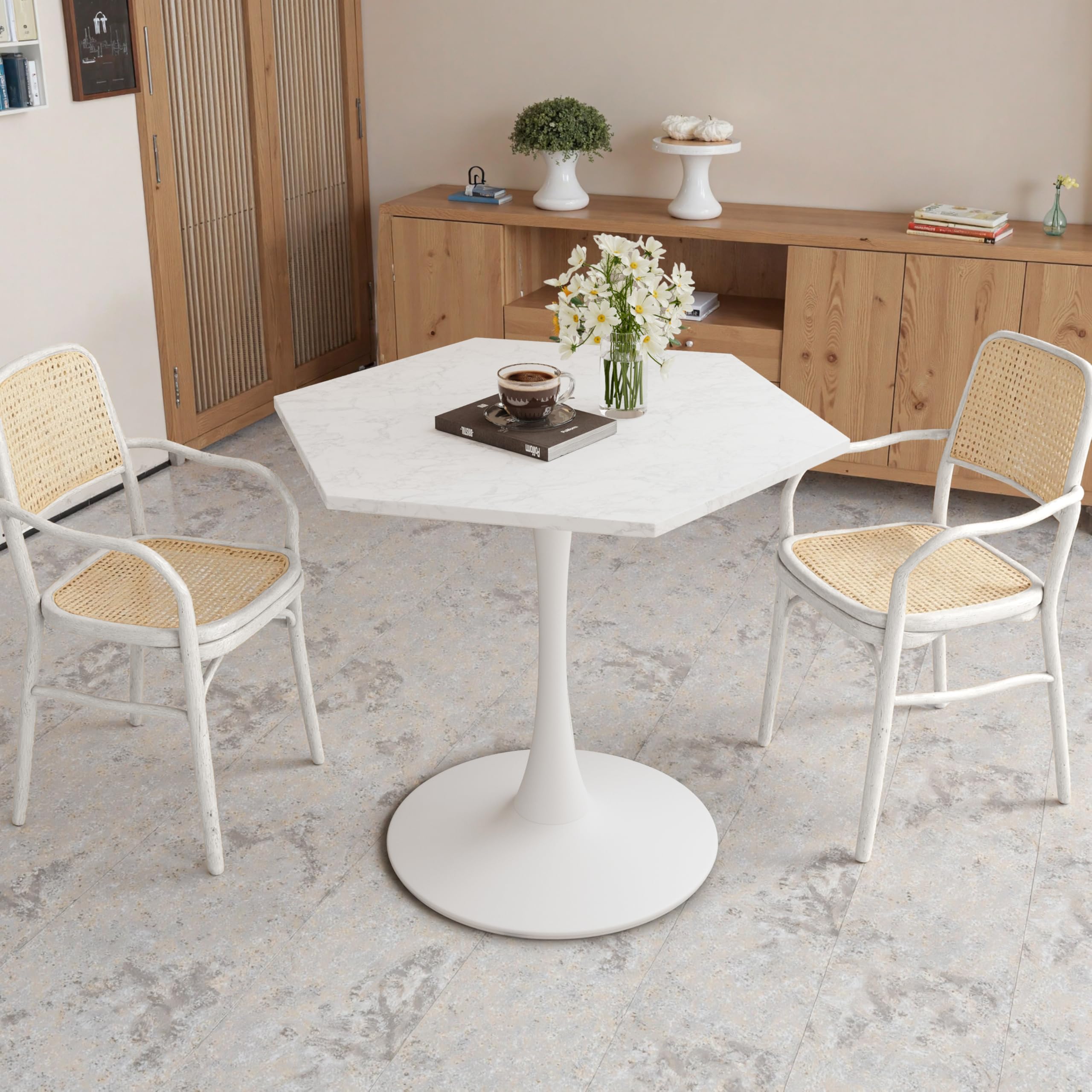 31.50" Modern Hexagonal Coffee Table with White Printed Marble Top and Metal Base for Dining Room, Kitchen and Living Room
