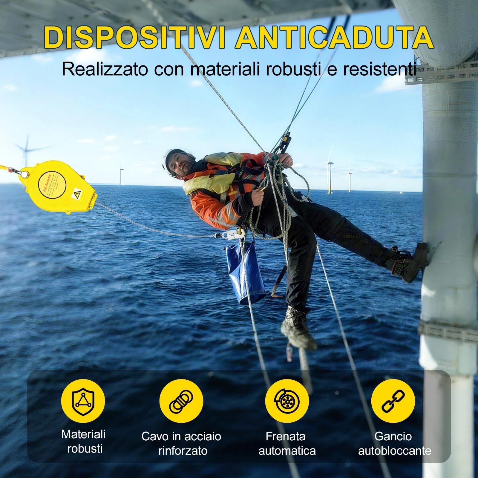 Dispositivo Anticaduta Retrattile 3-20M, Imbracatura Sicurezza Anticaduta Lavori in Quota, Richiamo Automatico e Gancio Autobloccante per Edilizia Tetto Elettrica(Giallo,10m)