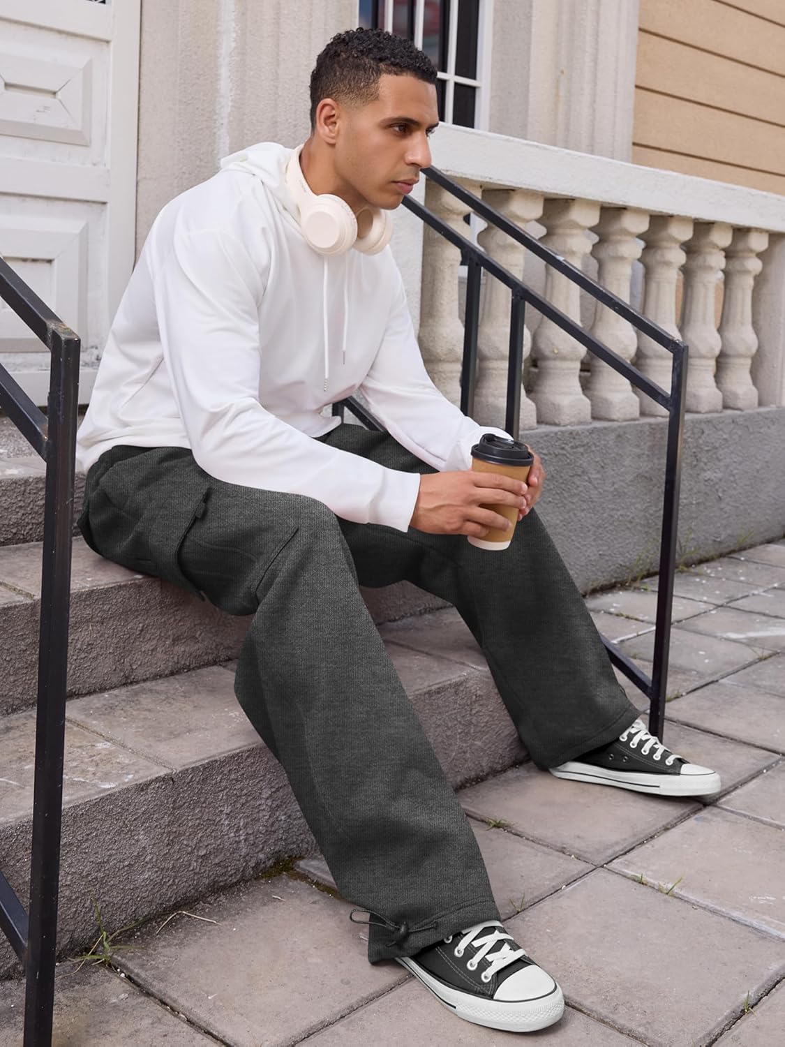 Men's Heavyweight Fleece Cargo Sweatpants Loose Fit Thick Wide Leg Sweats with Pockets - Image 5