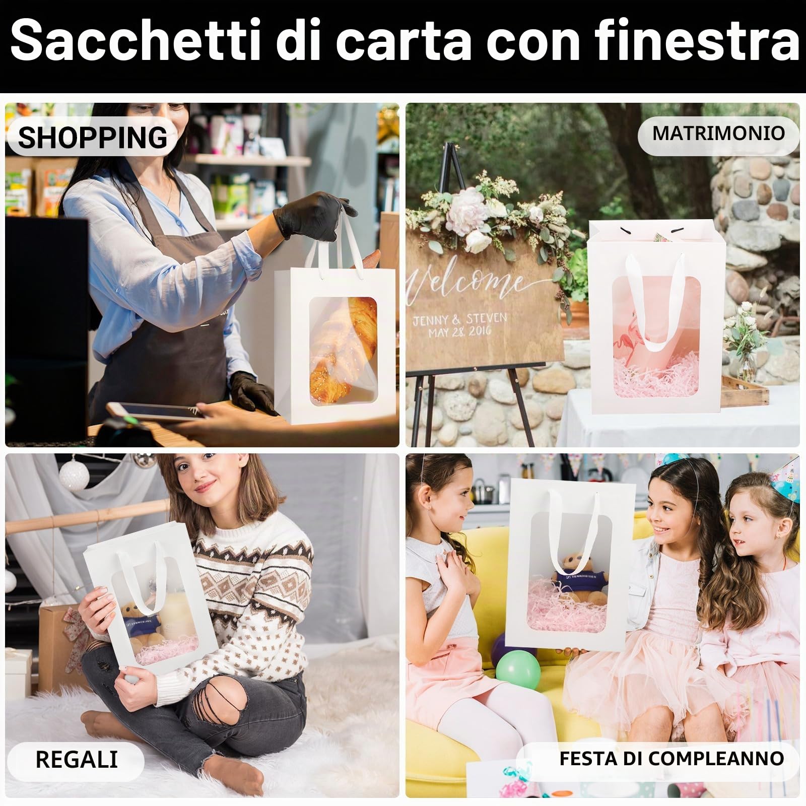 EUSOAR Sacchetti Regalo Bianco - 50 Pack Sacchetti di Carta con Finestra - 20x16x30cm Buste Carta con Manico - 230GSM Busta Regalo Compleanno - Sacchetti Trasparenti Festa Shopper