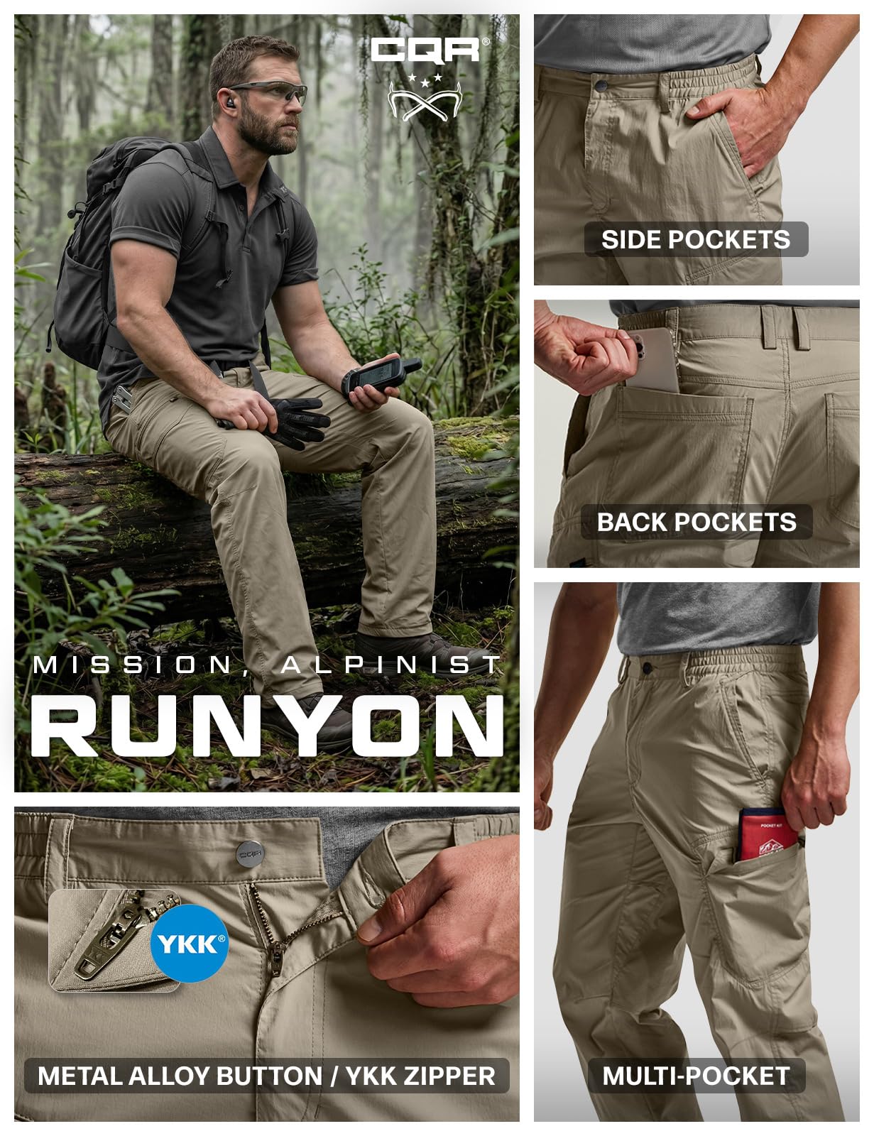 CQR Men's Quick Dry Tactical Pants, Water Resistant Outdoor Pants, Lightweight Stretch Cargo Work Hiking Pants — view 7