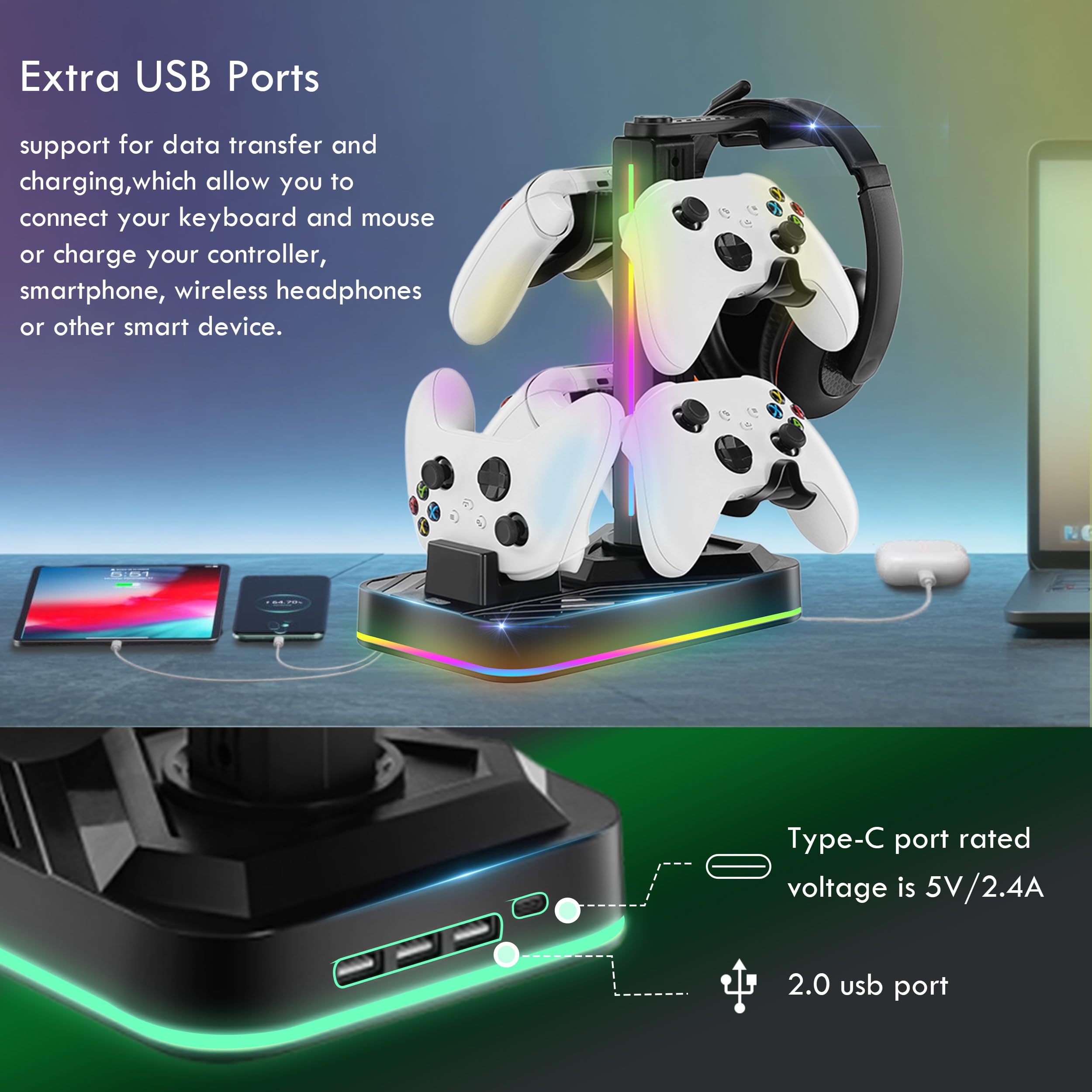 Supporto per cuffie e controller con stazione di ricarica per Xbox Series X|S/Elite 2/One/One X/One S/One Elite, controller RGB dock di ricarica per Xbox, cuffie e controller con 3 porte USB
