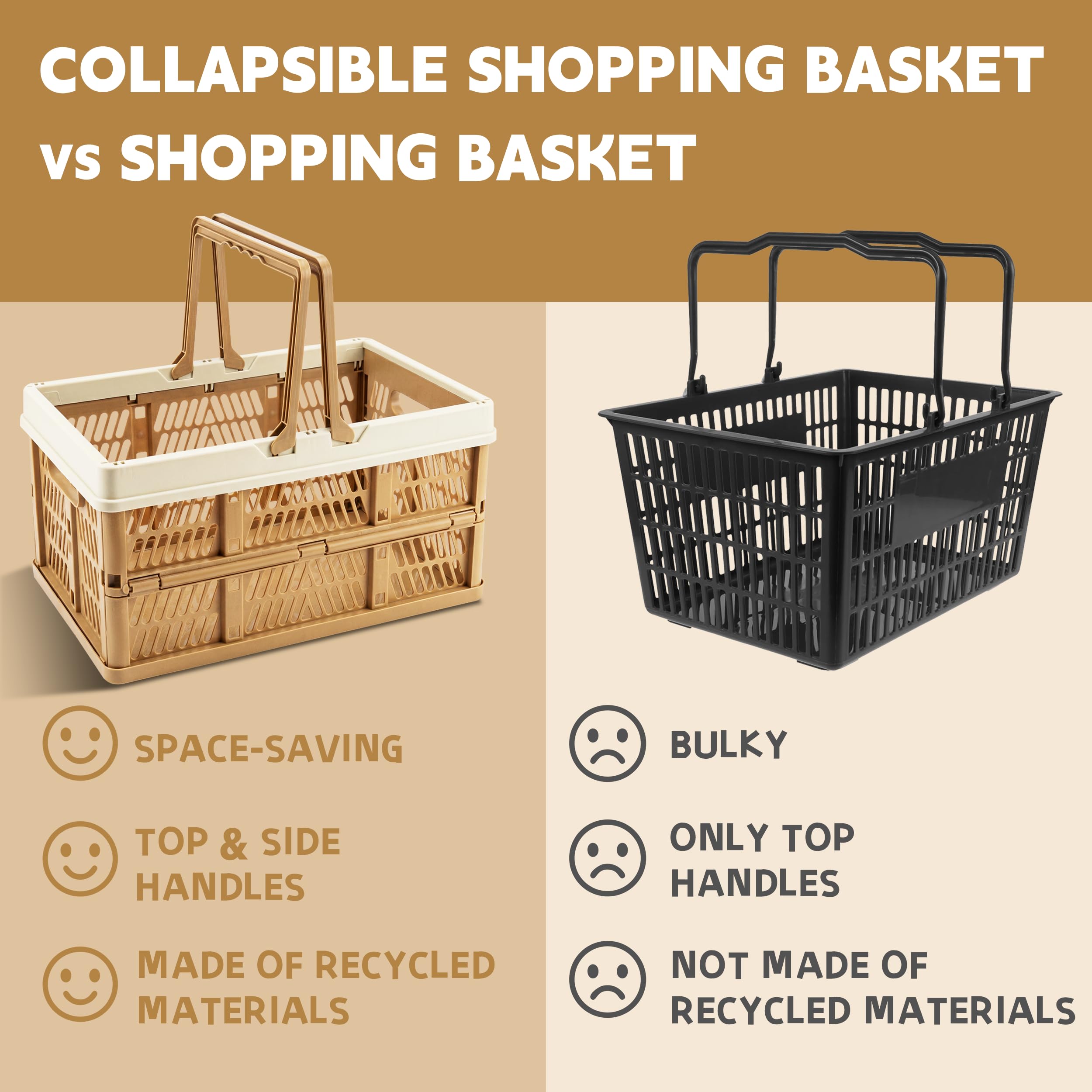 VALESKA Caisse pliable de 20 L, panier à lait pliable en plastique pour rangement, panier de courses pliable avec poignées, panier de coffre de voiture, pour cuisine (marron)