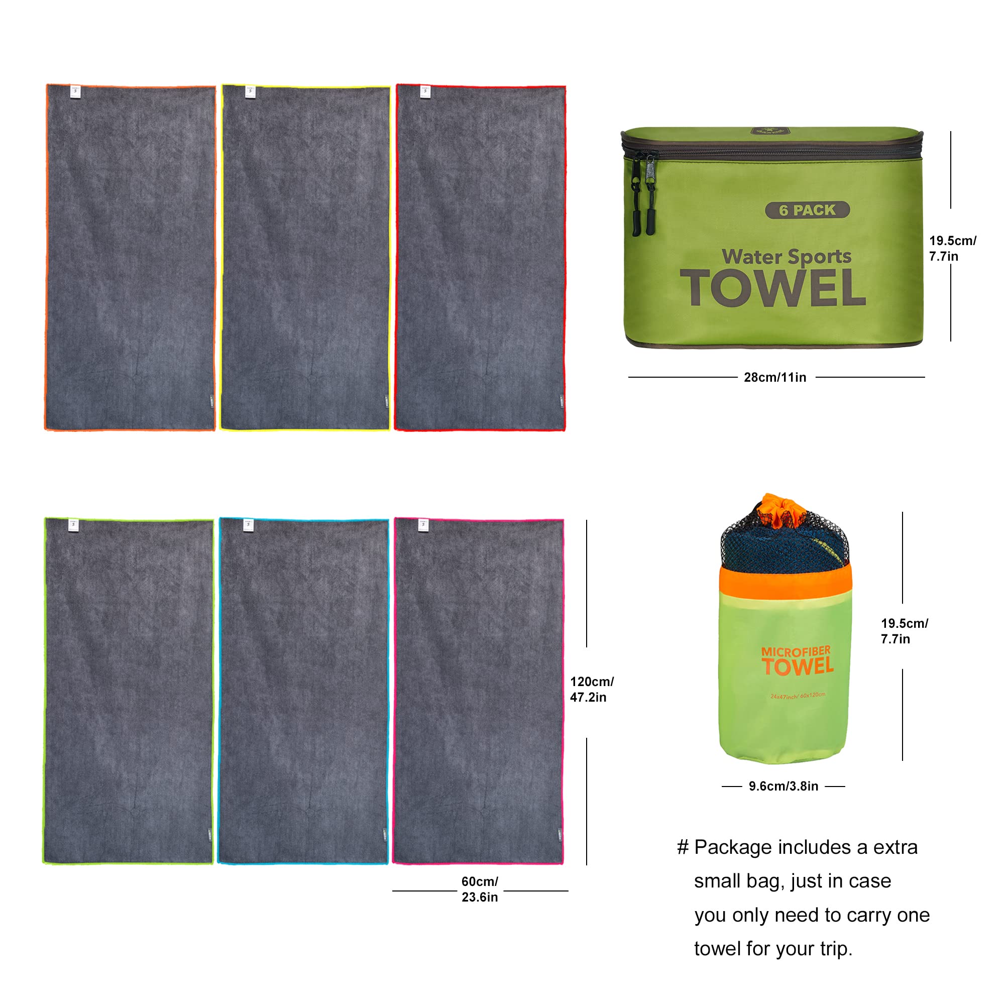 4Monster Confezione da 6 asciugamani da palestra in microfibra con borsa per accessori, asciugamani da viaggio ad asciugatura rapida, super leggeri, ultra assorbenti, per sport, yoga, nuoto