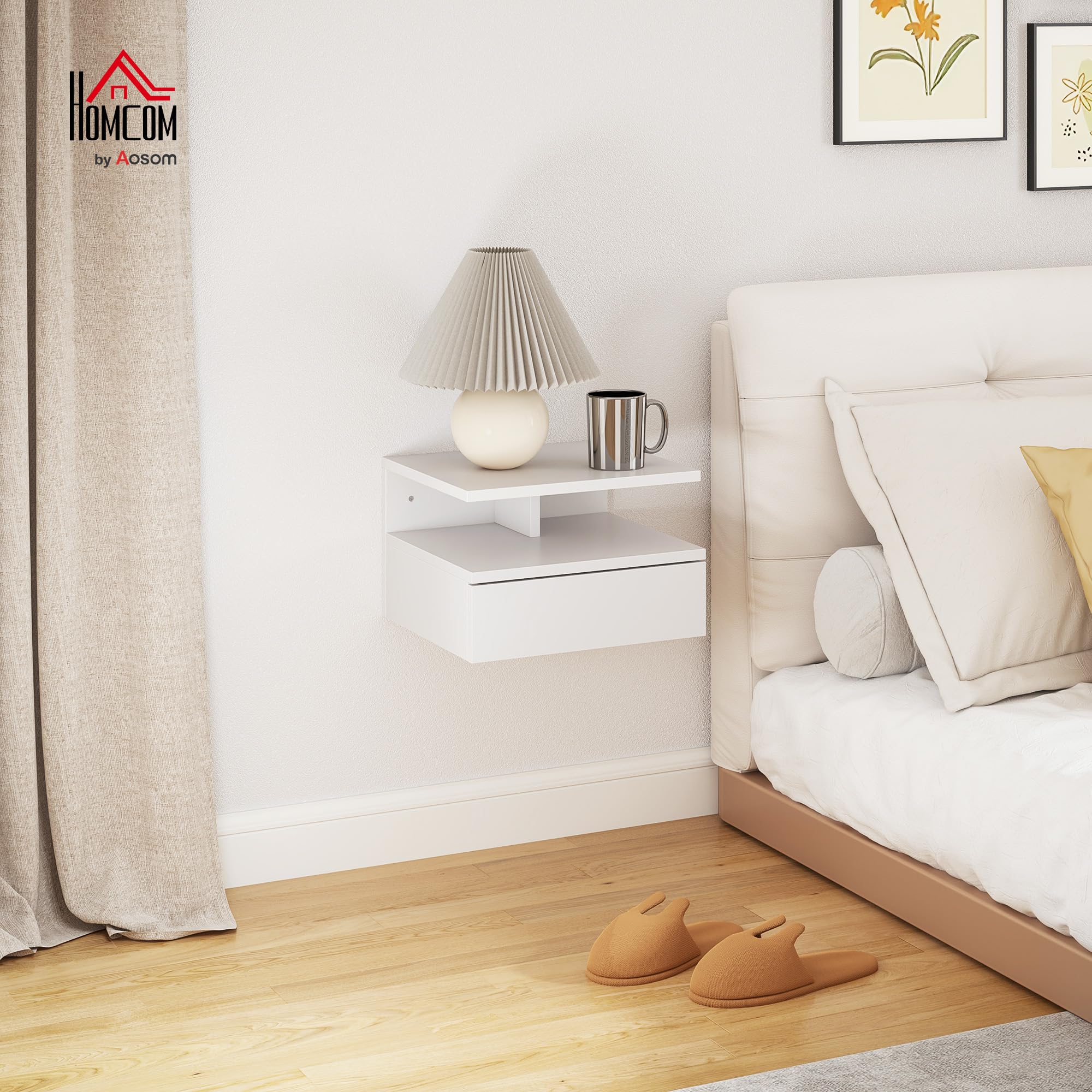 HOMCOM Comodino Sospeso Salvaspazio 35x32x22.5cm Bianco
