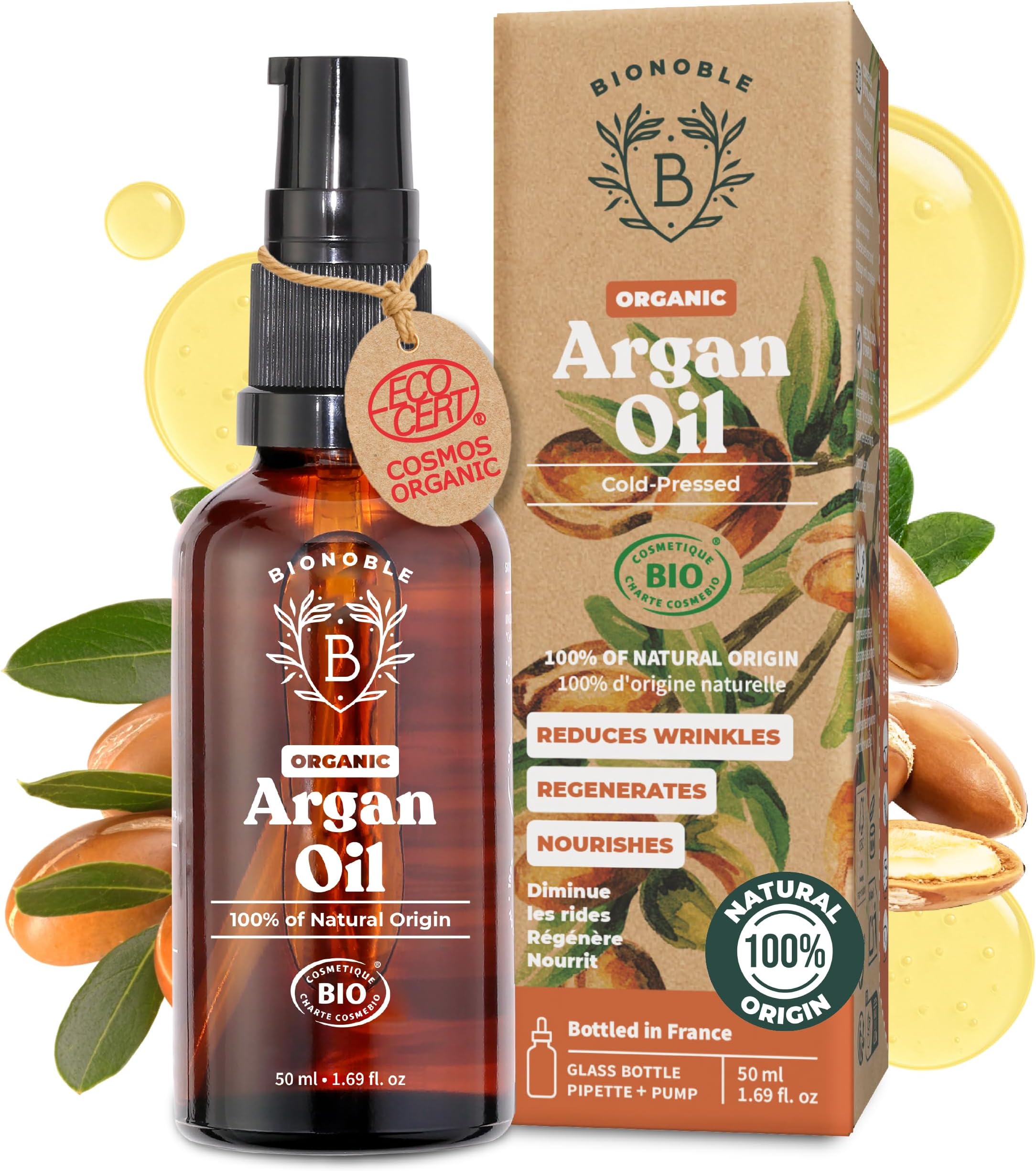 Organic Argan Oil for Hair - Cold Pressed in Morocco - Nourishes, Repairs and Anti-Aging - 100% Pure Argan Oil for Skin, Face - Vegan, Hexane Free - Glass Bottle, Pipette and Pump - 50ml