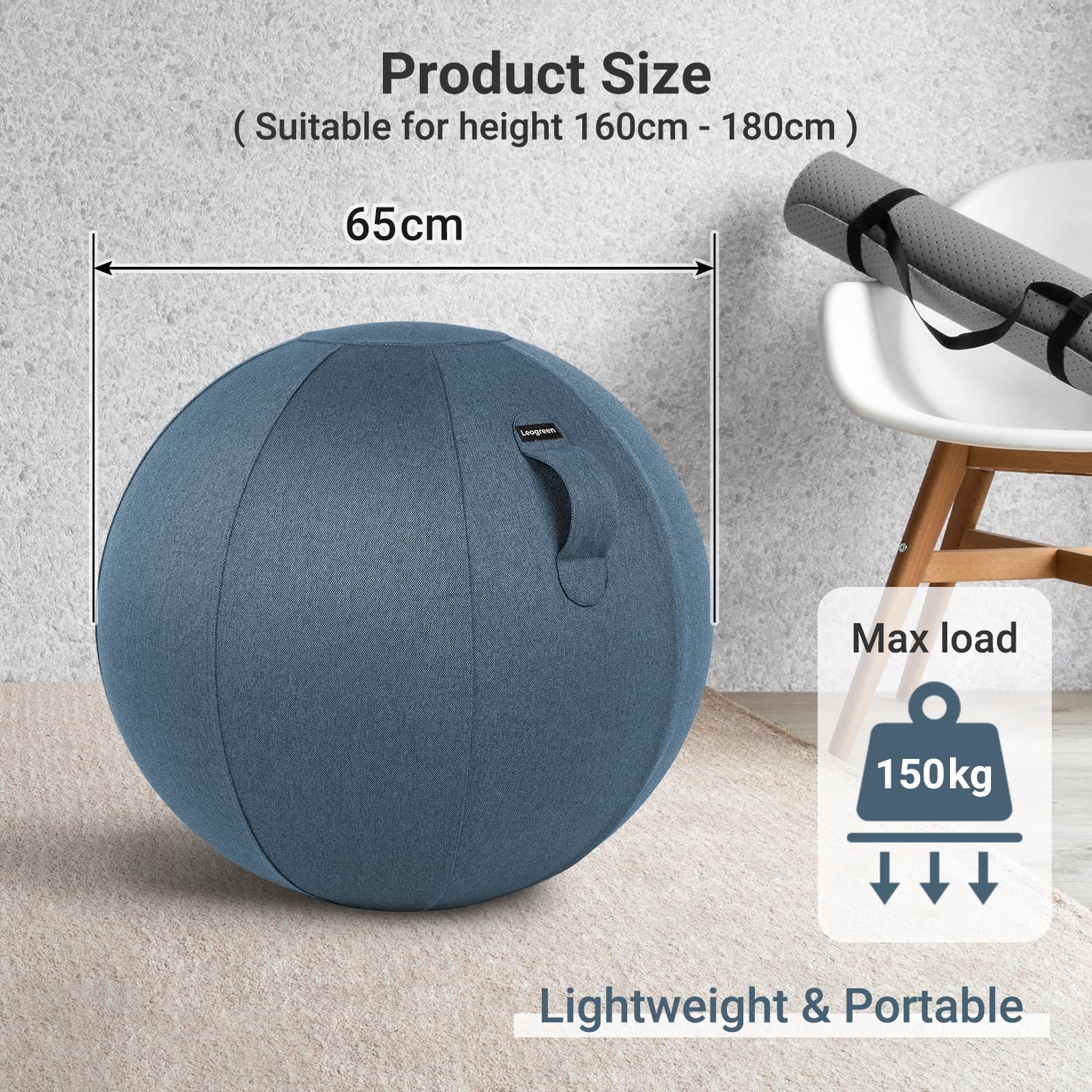 Leogreen Piłka do siedzenia w biurze rozmiar 65 cm piłka fitness ergonomiczna postawa aktywacyjna, z lnianą osłoną, ćwiczeniami gimnastycznymi i jogą, właściwa postawa, niebieska
