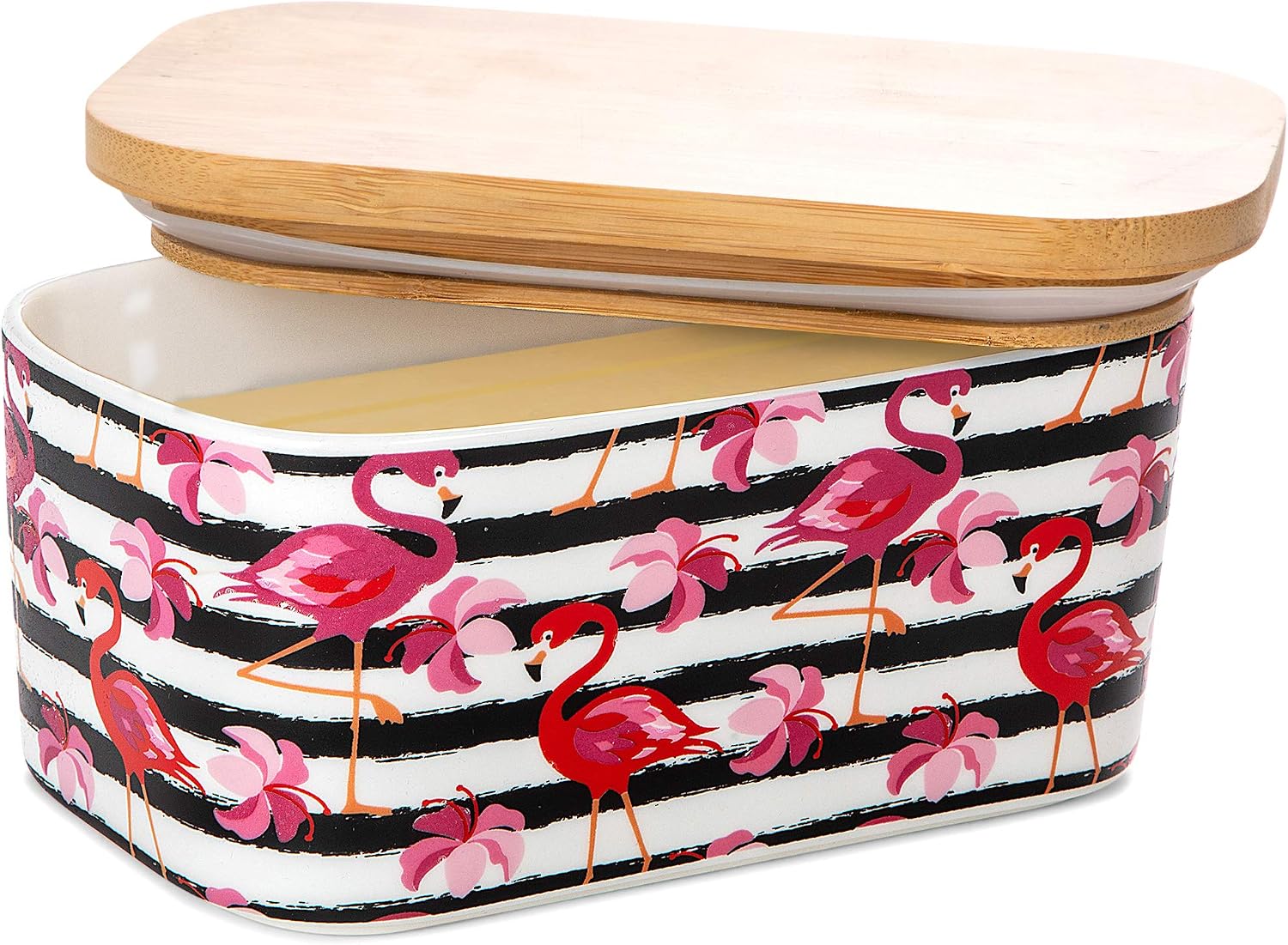 BUTLER & CHEF Flamingo Butter Dish With Lid For Countertop or Refrigerator - Large Airtight Covered Porcelain Ceramic Keeper - 2 Stick Holder With Bamboo Lid