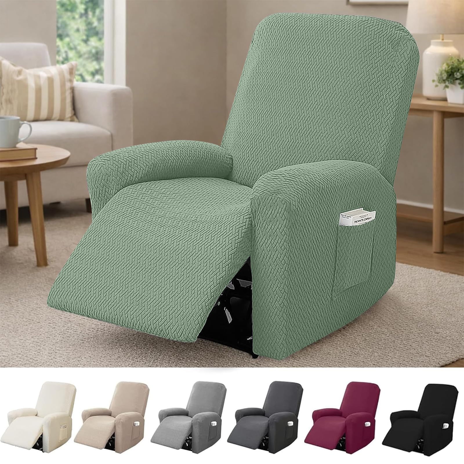 Hengrongshen 1-Seater Recliner Chair Cover, Stretch Chair Covers for Armchairs with Pockets, All-Inclusive Non-Slip Armchair Covers, Sofa Slipcovers Protector (Cypress Green)