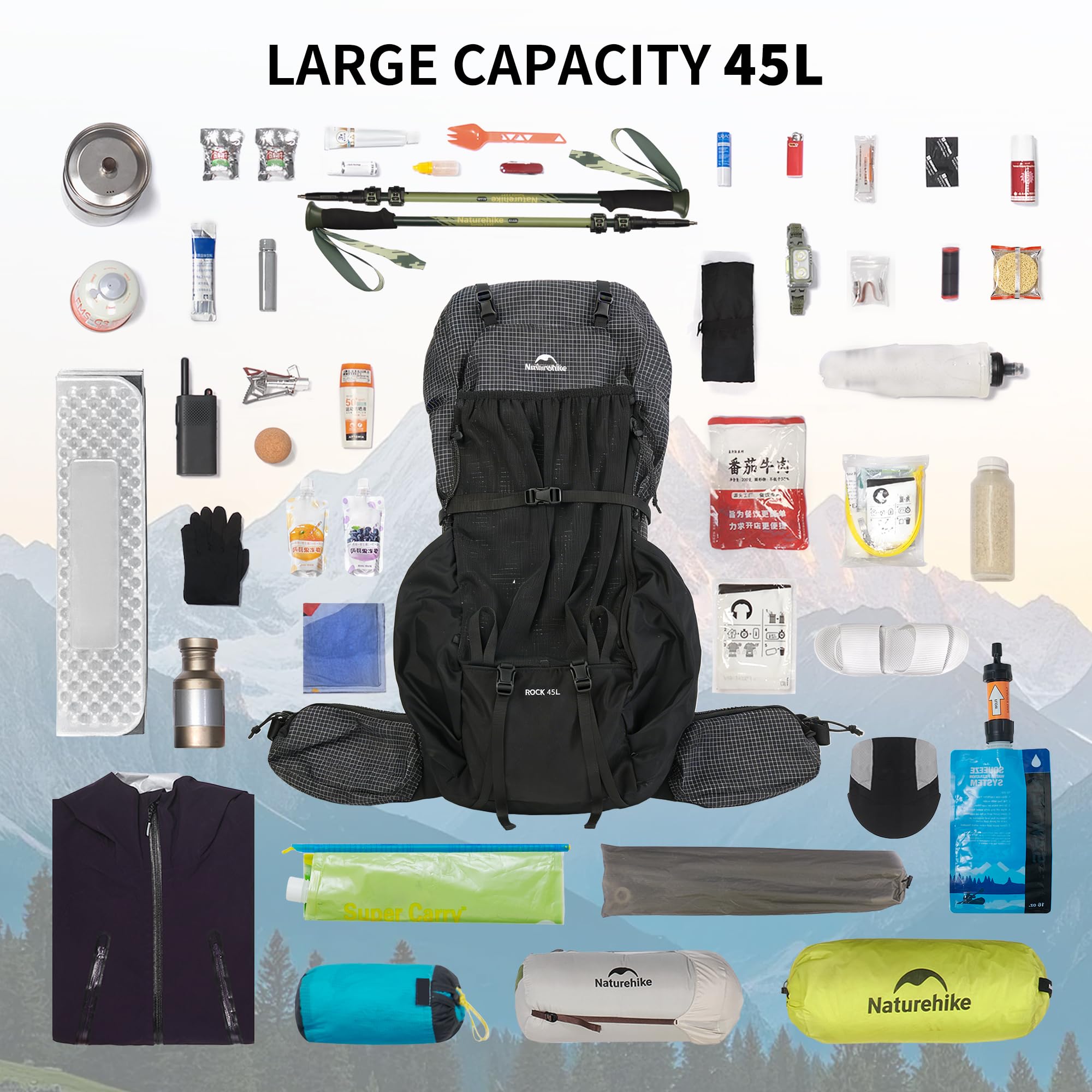 Naturehike Rock 2.0 aggiornato 30/45/60 l zaino interno telaio zaino da trekking uomo donna con copertura impermeabile zaini da escursionismo per campeggio all'aperto viaggi backpacking, Nero, 45l/M