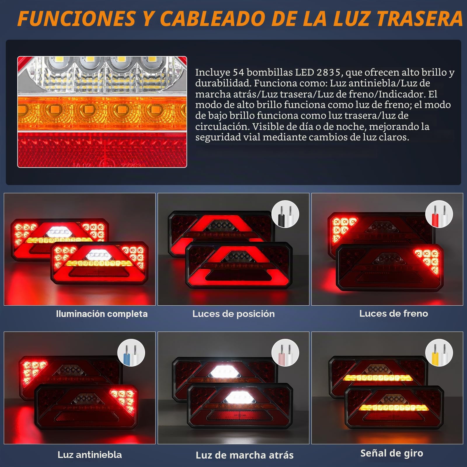 Luces traseras LED para remolque de 12/24 V, iluminación para remolque con luz trasera impermeable IP67 con 6 funciones, para vehículos recreativos, camiones, caravanas y furgonetas