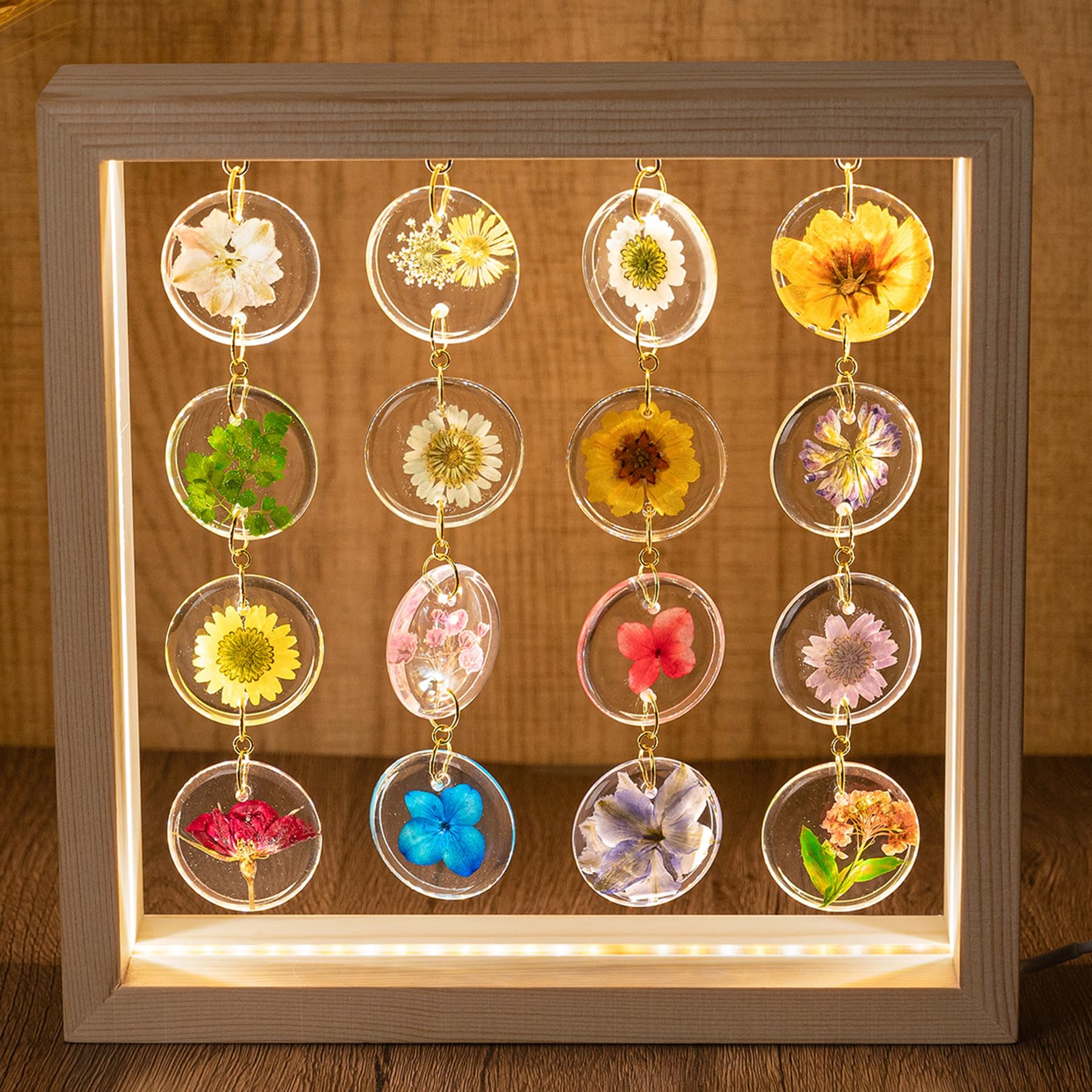 SMUK Handmade Dried Flower LED Desk Lamp 3 Way Dimmable Cute Pressed Flower Bedside Lamp with Wooden Frame