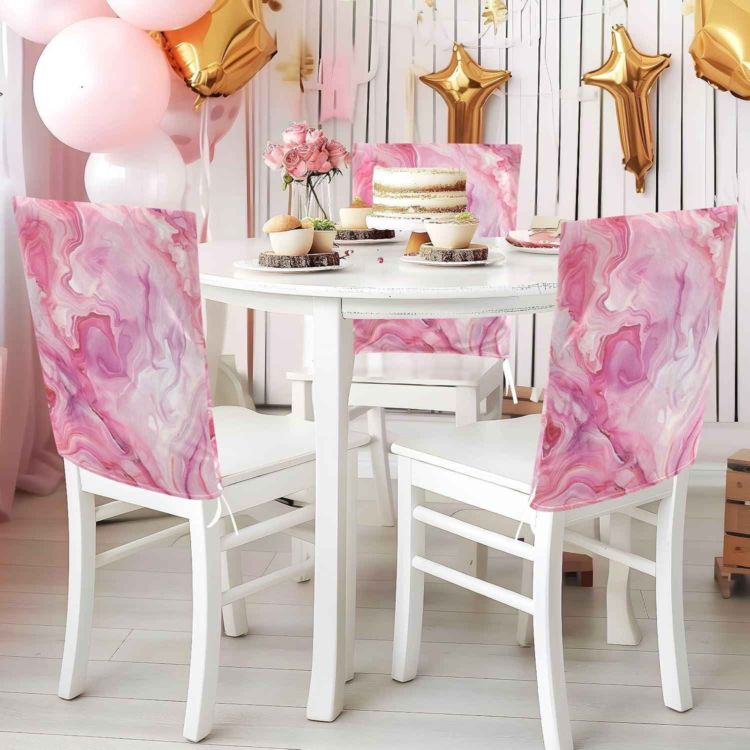 ALAZA Pink Red Marble Chair Back Cover Set of 6, Washable Reusable Removable Chair Slipcovers Decorative Chair Cover for Home Kitchen Wedding Party
