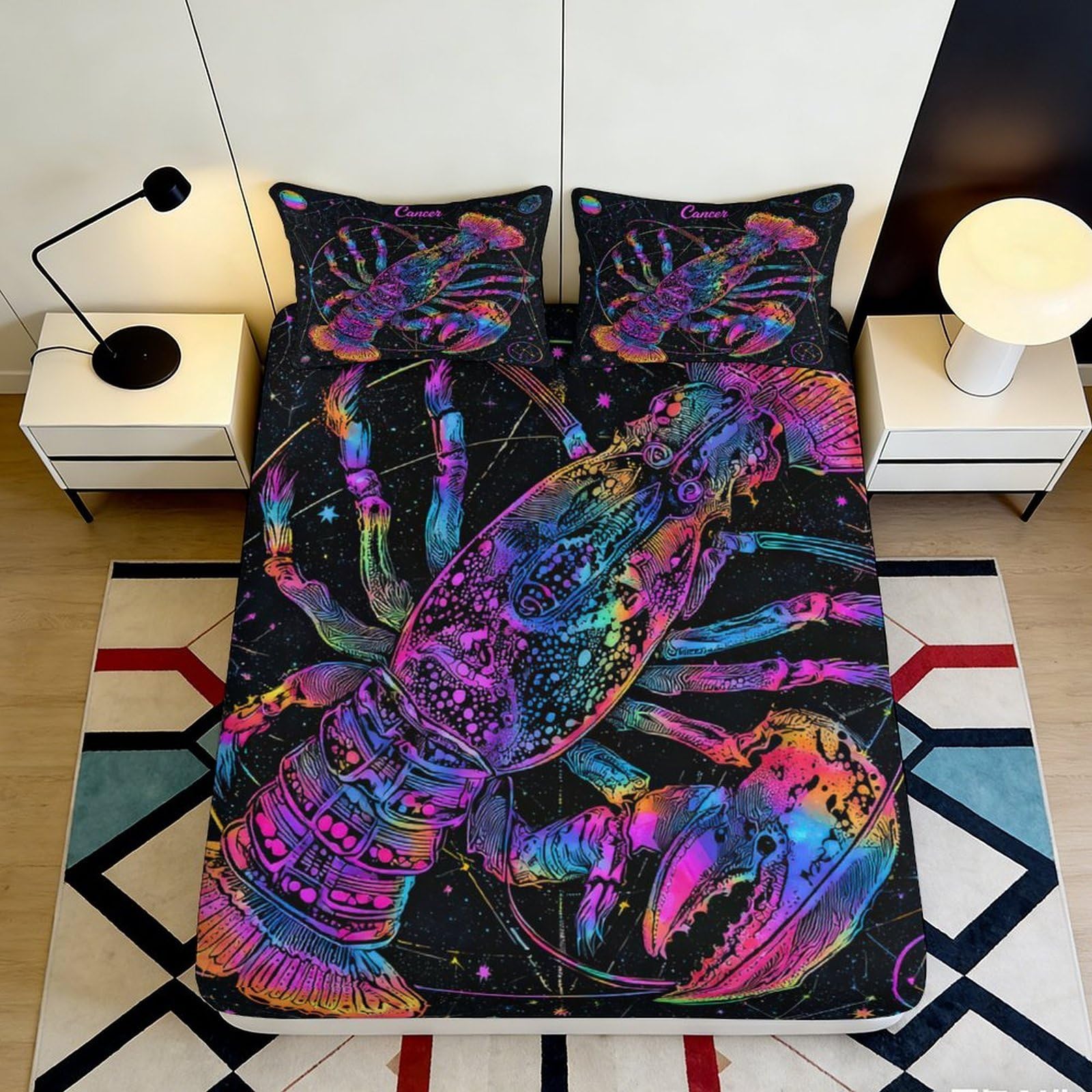 3D Printed Neon Lobster Fitted Sheet Microfiber Soft Breathable Cosmic Galaxy Mattress Cover for Bedroom Dormitory Guest Room Protection Decor 120x200x25cm