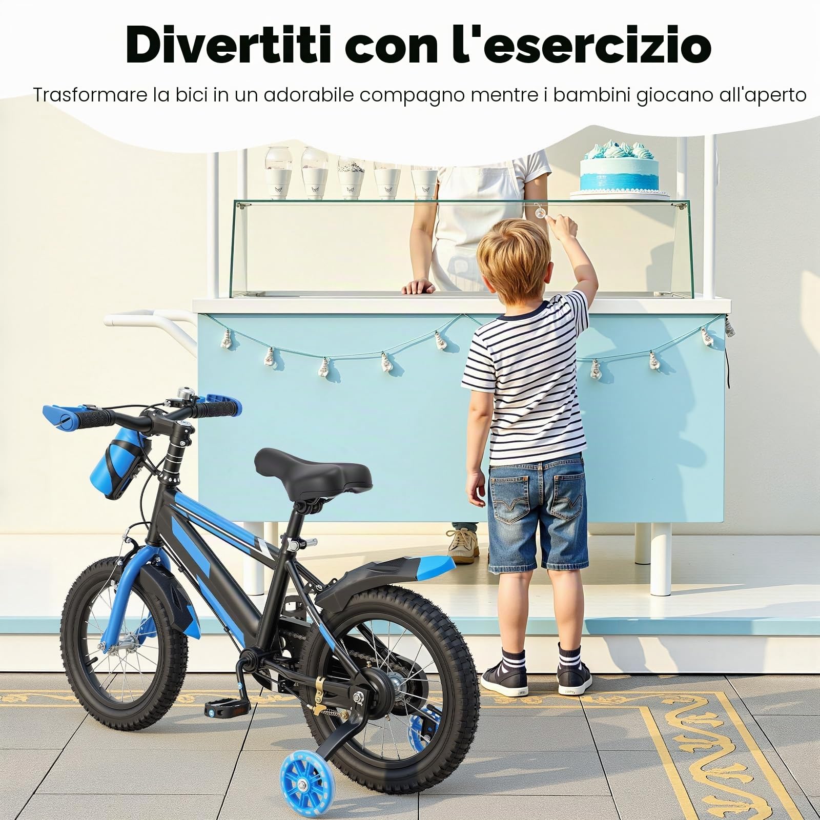 Bici da bambino da 14 pollici per bambini dai 3 ai 7 anni, bicicletta per bambini regolabile con rotelle e bottiglia, portata 60 kg