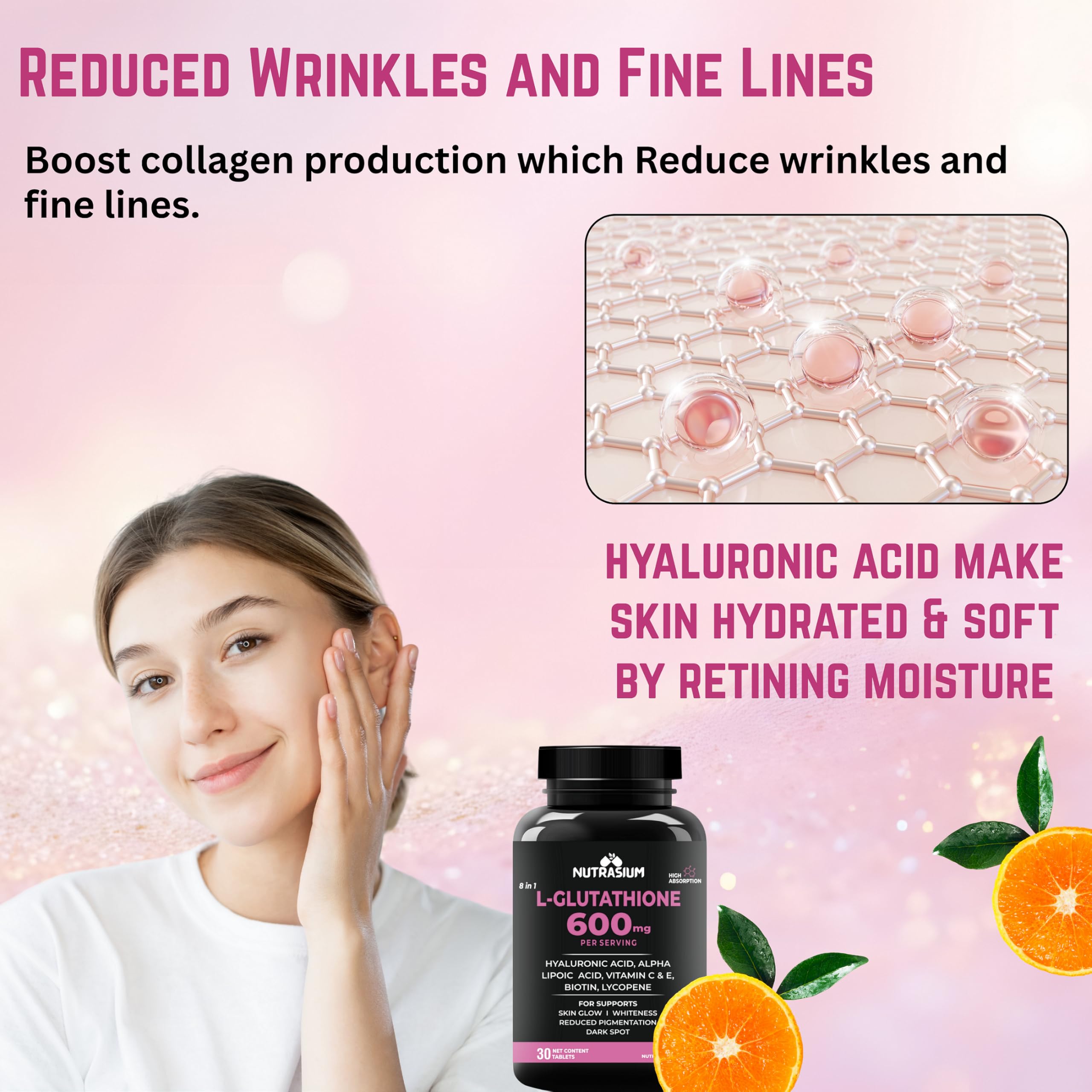 Nutrasium L-Glutathione 600 mg with Hyaluronic Acid & Biotin | For Skin Glow, Hydration, Dark spot & Skin Radiance | Added Vitamin C & E with Lycopene | 90 Tablets 4