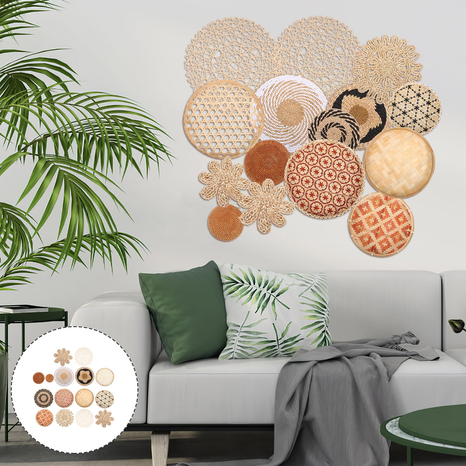 FUTUREORYY 15 Szt. Częściowy Ręcznie Plecionych Dekoracji Ściennych Boho Płaskie Okrągłe Wiklinowe Kosze Vintage Do Salonu Sypialni Kuchni i Pokoju Dziecięcego Rustykalna Ozdoba Ścianę i