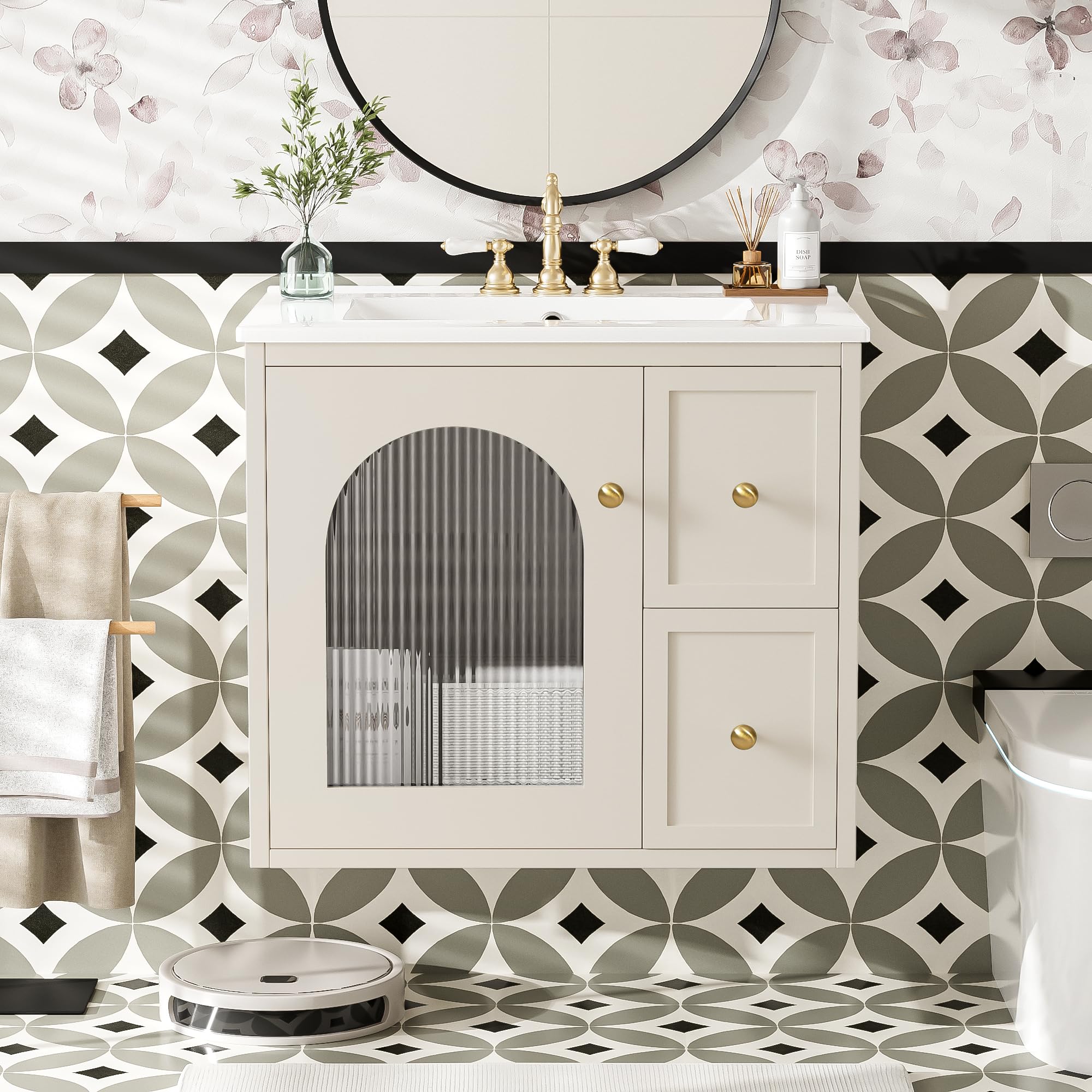 HiHomely 24 Inches Wall Mounted Bathroom Vanity Set with Ceramic Sink – Space Saving Cabinet with 2 Drawers Soft Close Door, Beige (2 Drawers + 1 Door)