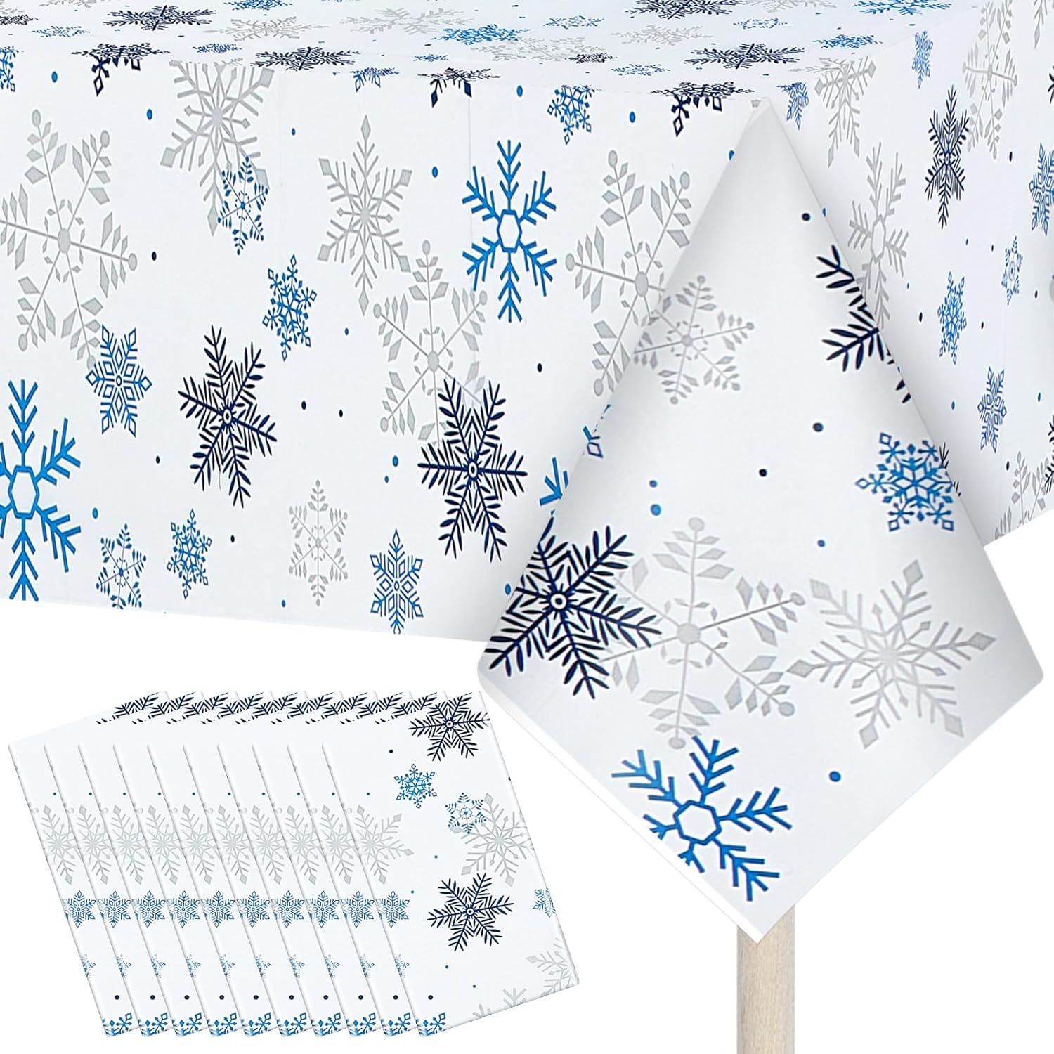 Kinlop 12 Pcs Winter Snowflake Tablecloth Bulk Plastic Blue and White Winter Wonderland Tablecloth Table Cover 54 x 108 Inch for Christmas Birthday Home Party Decorations