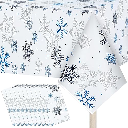 Kinlop 12 manteles de invierno con copos de nieve a granel, de plástico, azul y blanco, mantel de invierno con diseño de país de las maravillas, 54