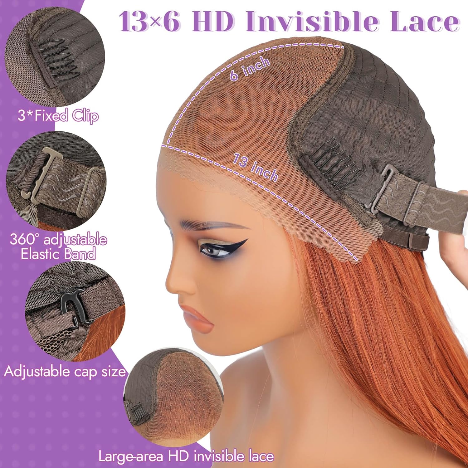 13x6 HD Lace Front Glueless Ginger Wig for Women Free Parting Layered Straight Synthetic Hair Natural Hairline Heat Resistant Beginner Friendly Daily Use 24 Inch