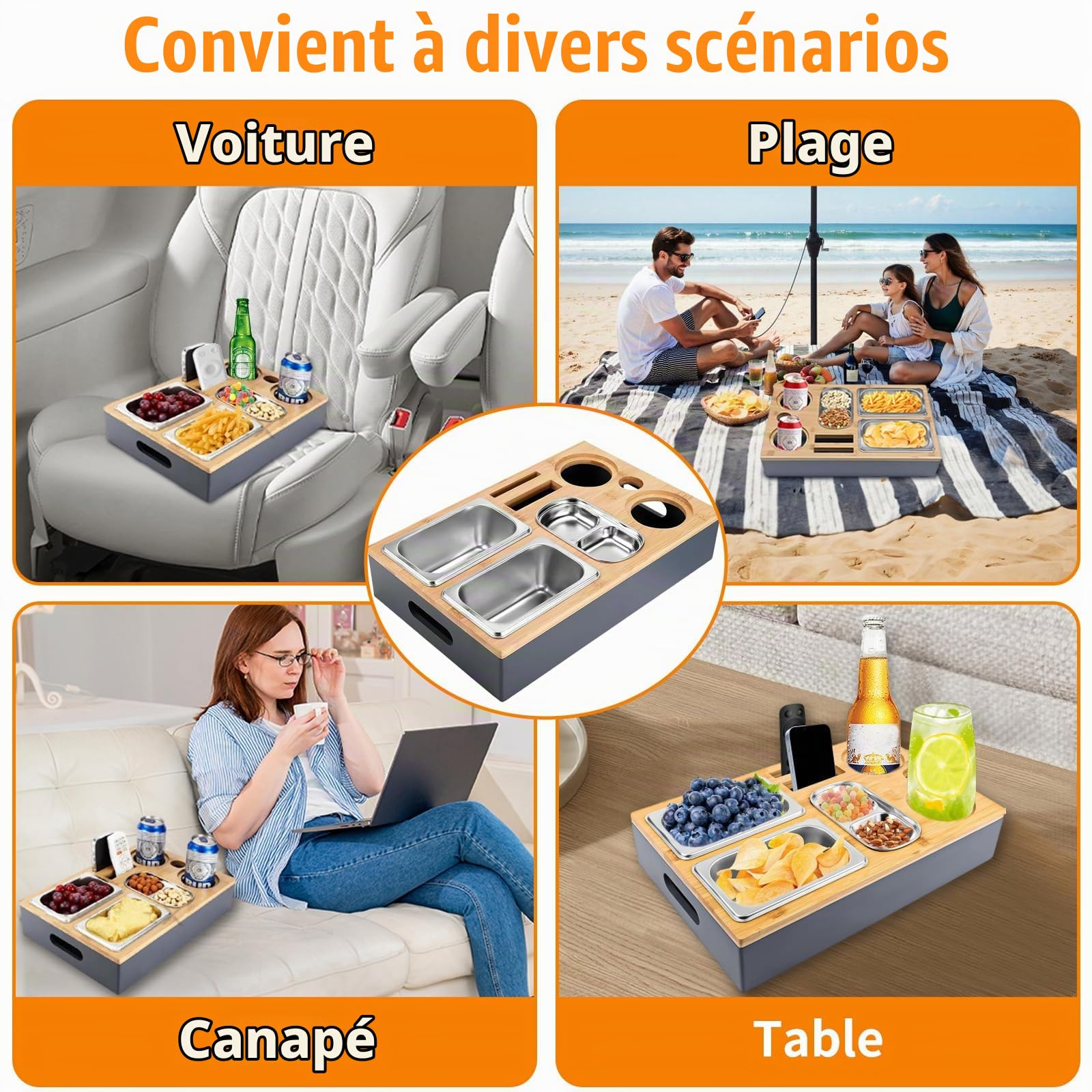 Plateau Collation Canapé avec Bols Snack Acier Inoxydable Amovible, Plateau Bois pour Salon Chambre Jardin Camping Voiture, Plateaux Nourriture Bambou pour Restaurant, fête, Rassemblement, Pique-Nique