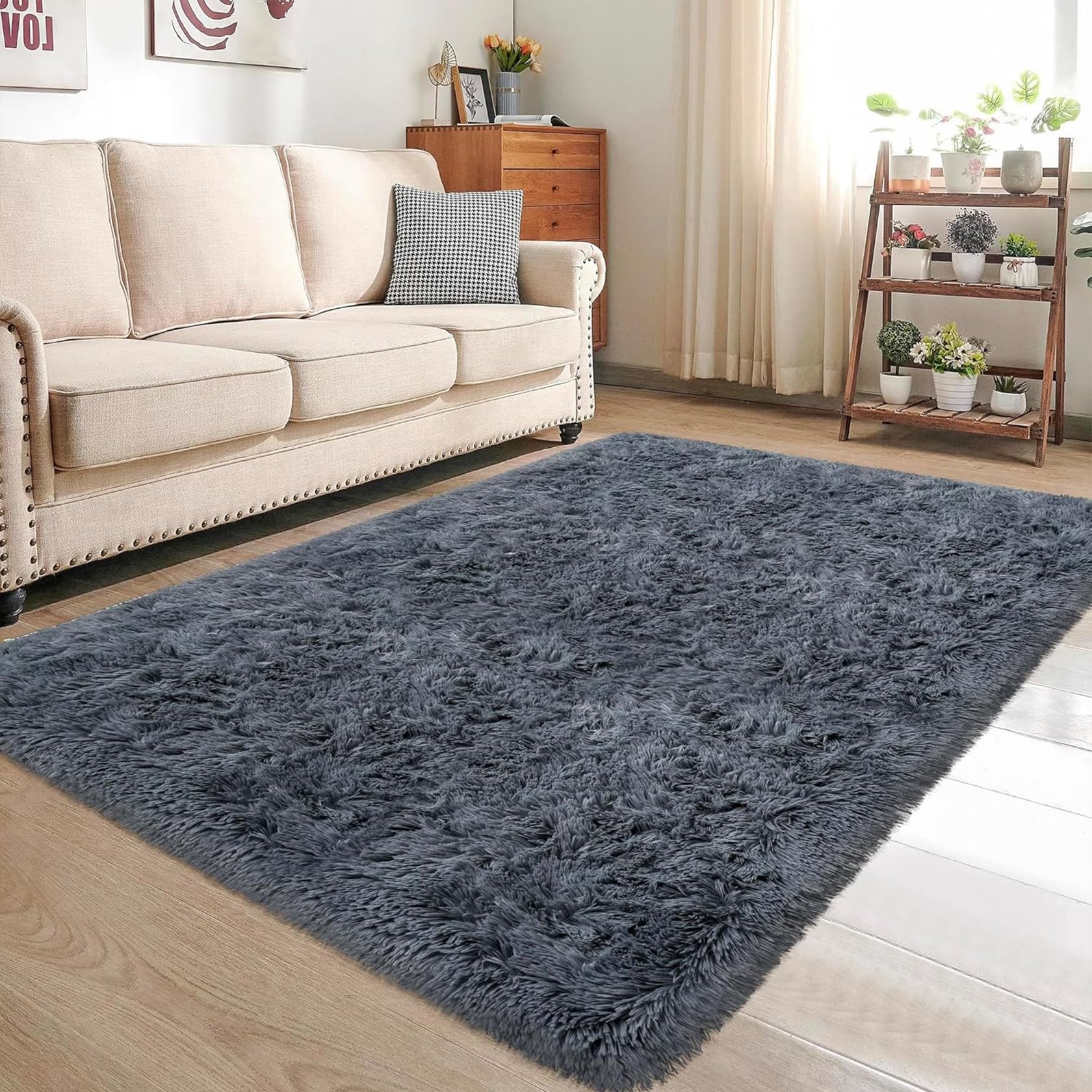 HOKXUAN Rugs Living Room Large 110 x 160 cm Large Size Short Pile Soft Touch Thick Area Rugs for Bedroom Anti-Slip Different Sizes for Bedroom, Living Room, Dark Grey