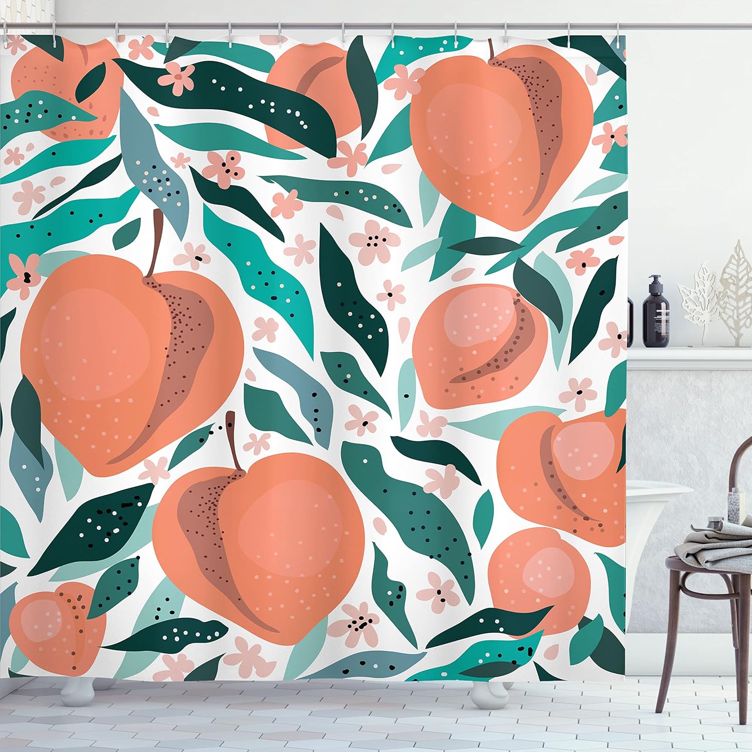 Ambesonne Peach Shower Curtain, Spring Scene of Fruits and Abstract Leaves with Minimal Pinkish Petal, Cloth Fabric Bathroom Decor Set with Hooks, 69" W x 70" L, Salmon Teal and Blush